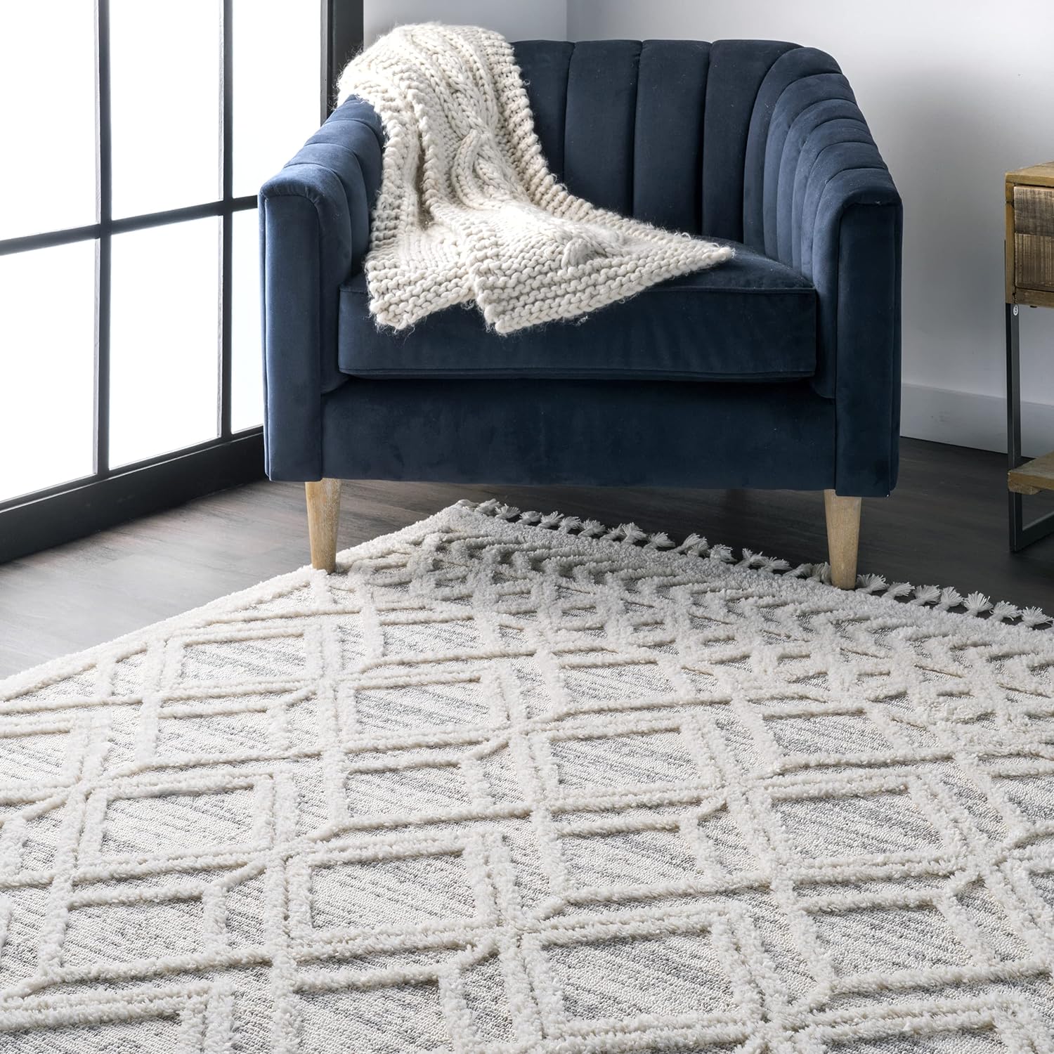 2X3 Ansley Moroccan Tassel Area Rug, Light Grey, High-Low Textured Bohemian Design, Plush High Pile, Stain Resistant, for Bedroom, Living Room, Hallway, Entryway