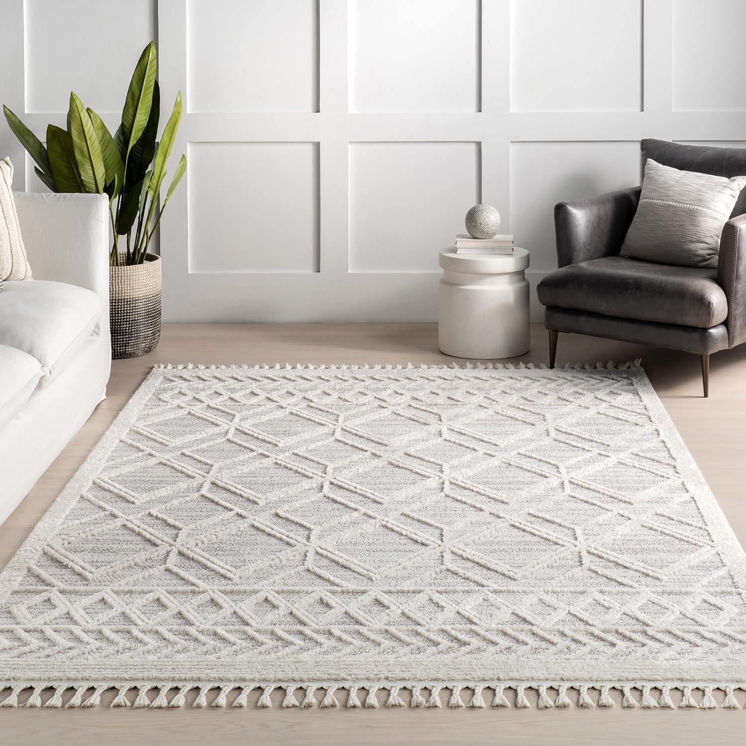 2X3 Ansley Moroccan Tassel Area Rug, Light Grey, High-Low Textured Bohemian Design, Plush High Pile, Stain Resistant, for Bedroom, Living Room, Hallway, Entryway