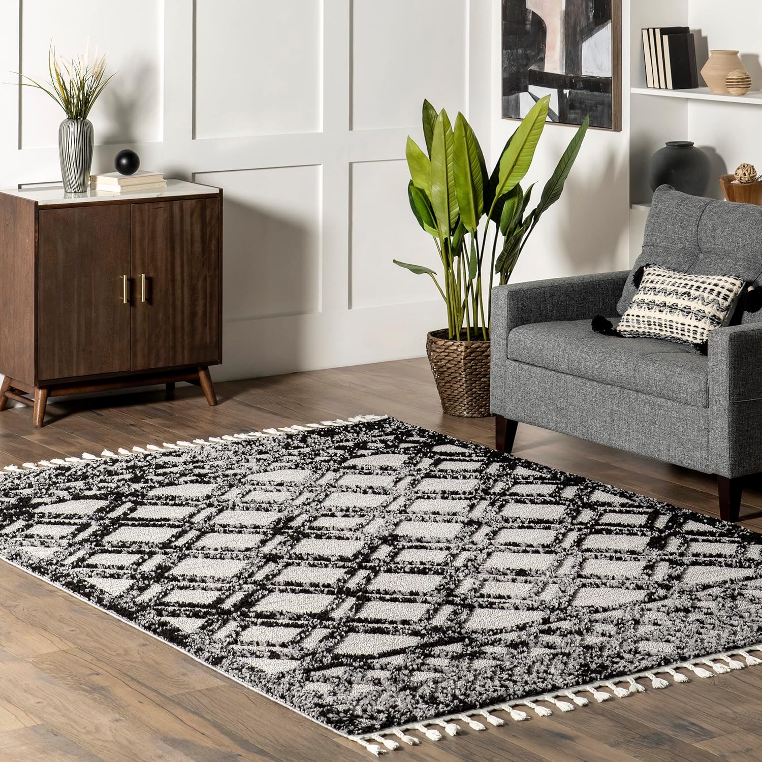 2X3 Ansley Moroccan Tassel Area Rug, Light Grey, High-Low Textured Bohemian Design, Plush High Pile, Stain Resistant, for Bedroom, Living Room, Hallway, Entryway