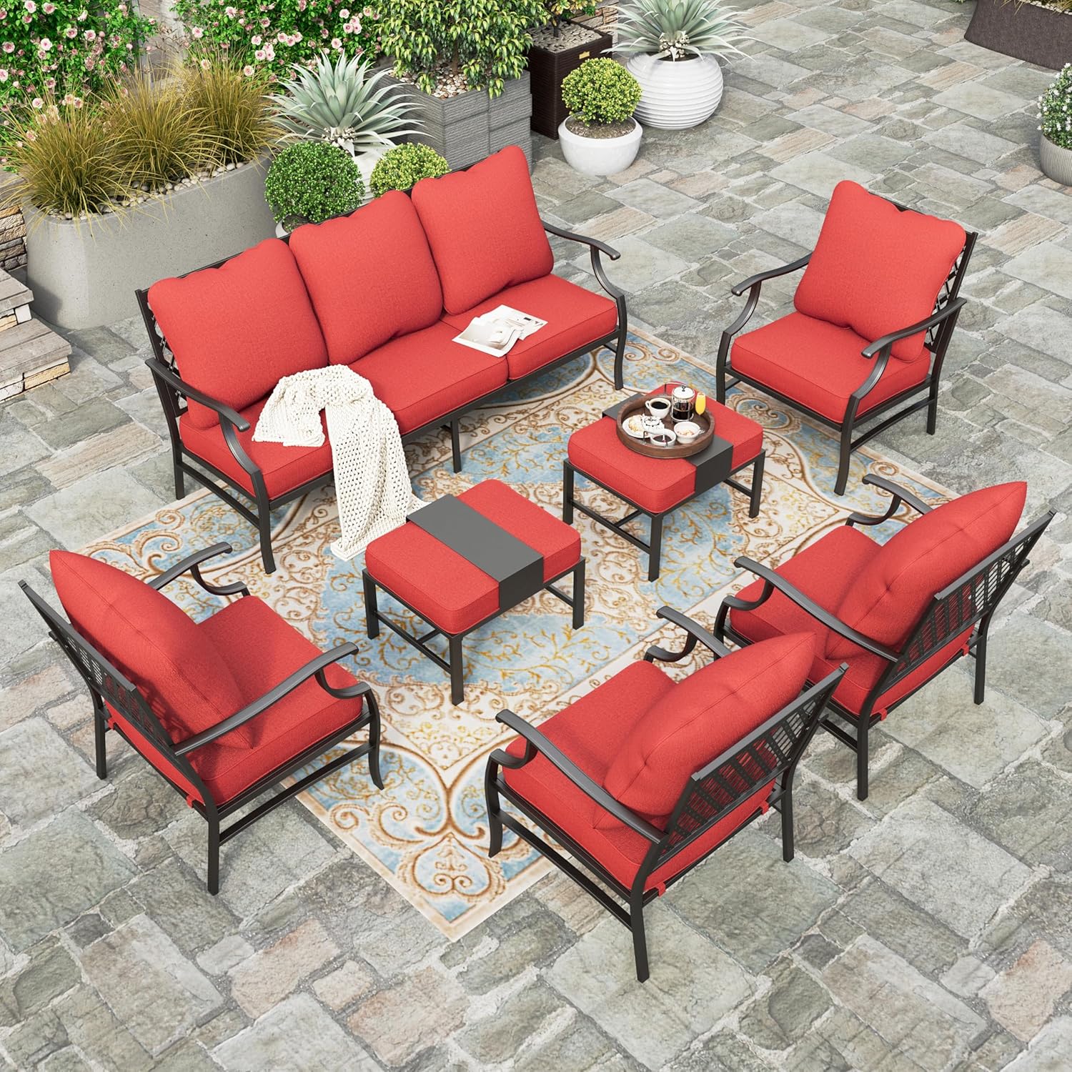 5 Piece Patio Furniture Set, 2 X Swivel Chair, 2 X Ottoman, 1 X 3-Seat Sofa, All Cushioned 7 Seats Outdoor Conversation Set for Lawn Garden Backyard