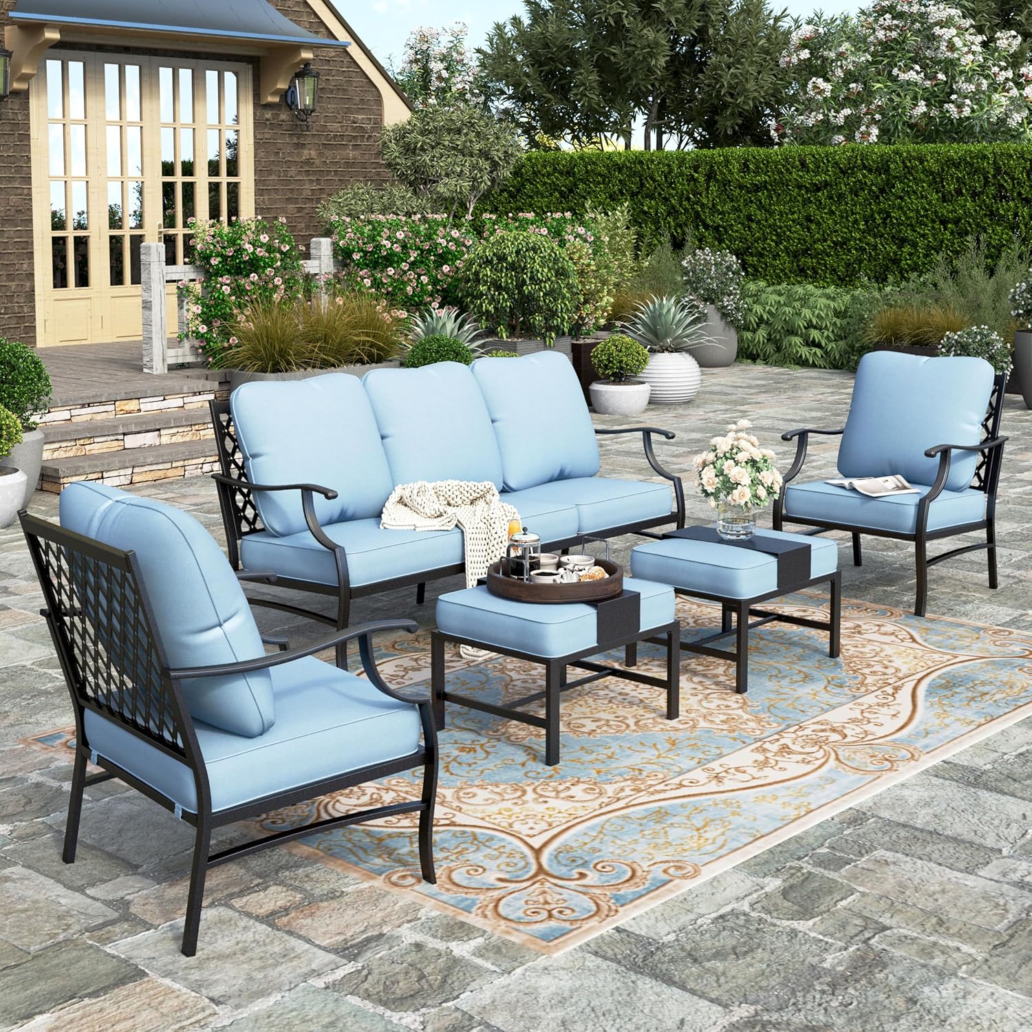 5 Piece Patio Furniture Set, 2 X Swivel Chair, 2 X Ottoman, 1 X 3-Seat Sofa, All Cushioned 7 Seats Outdoor Conversation Set for Lawn Garden Backyard