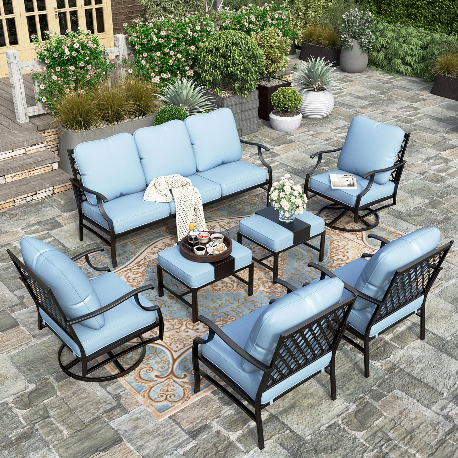 5 Piece Patio Furniture Set, 2 X Swivel Chair, 2 X Ottoman, 1 X 3-Seat Sofa, All Cushioned 7 Seats Outdoor Conversation Set for Lawn Garden Backyard