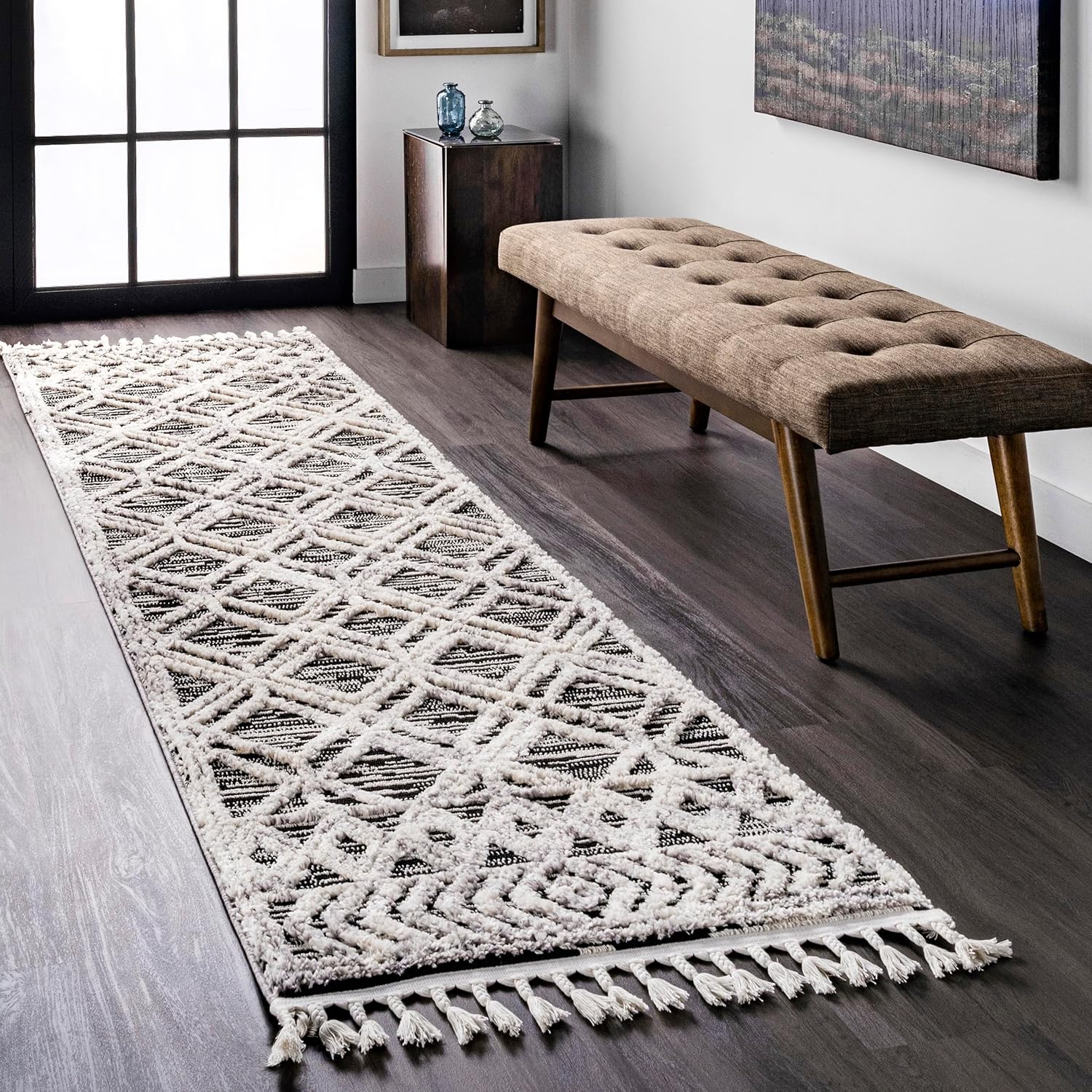 2X3 Ansley Moroccan Tassel Area Rug, Light Grey, High-Low Textured Bohemian Design, Plush High Pile, Stain Resistant, for Bedroom, Living Room, Hallway, Entryway