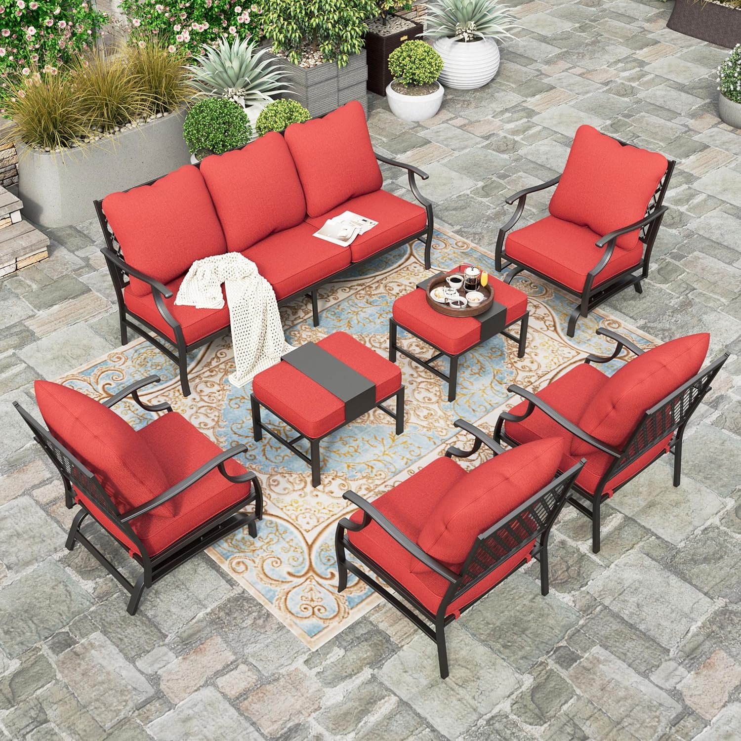 5 Piece Patio Furniture Set, 2 X Swivel Chair, 2 X Ottoman, 1 X 3-Seat Sofa, All Cushioned 7 Seats Outdoor Conversation Set for Lawn Garden Backyard