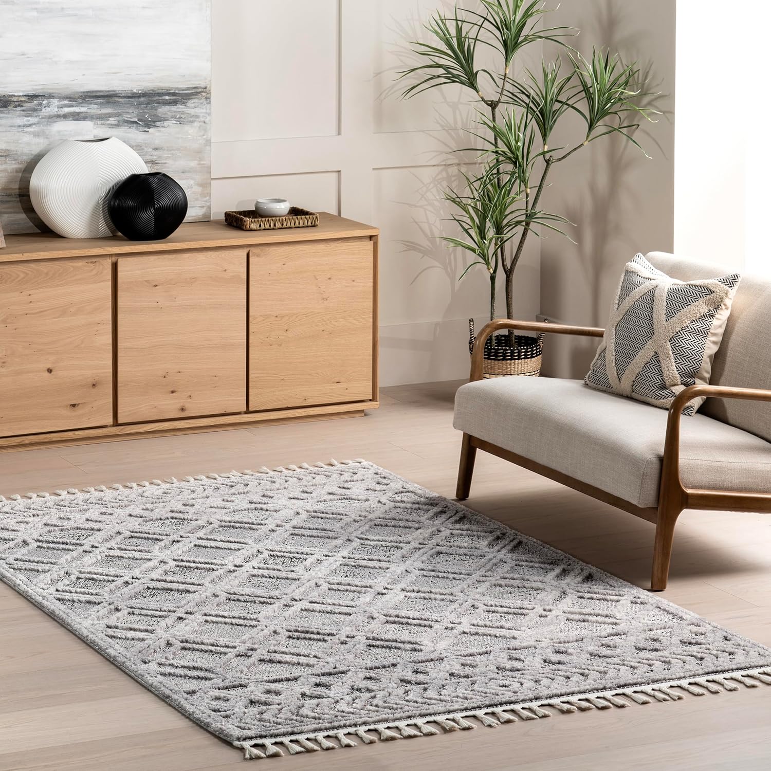 2X3 Ansley Moroccan Tassel Area Rug, Light Grey, High-Low Textured Bohemian Design, Plush High Pile, Stain Resistant, for Bedroom, Living Room, Hallway, Entryway