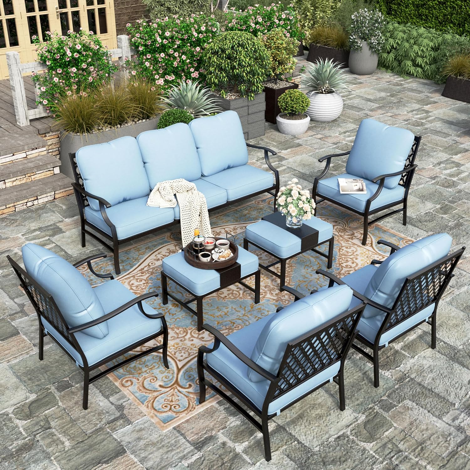 5 Piece Patio Furniture Set, 2 X Swivel Chair, 2 X Ottoman, 1 X 3-Seat Sofa, All Cushioned 7 Seats Outdoor Conversation Set for Lawn Garden Backyard