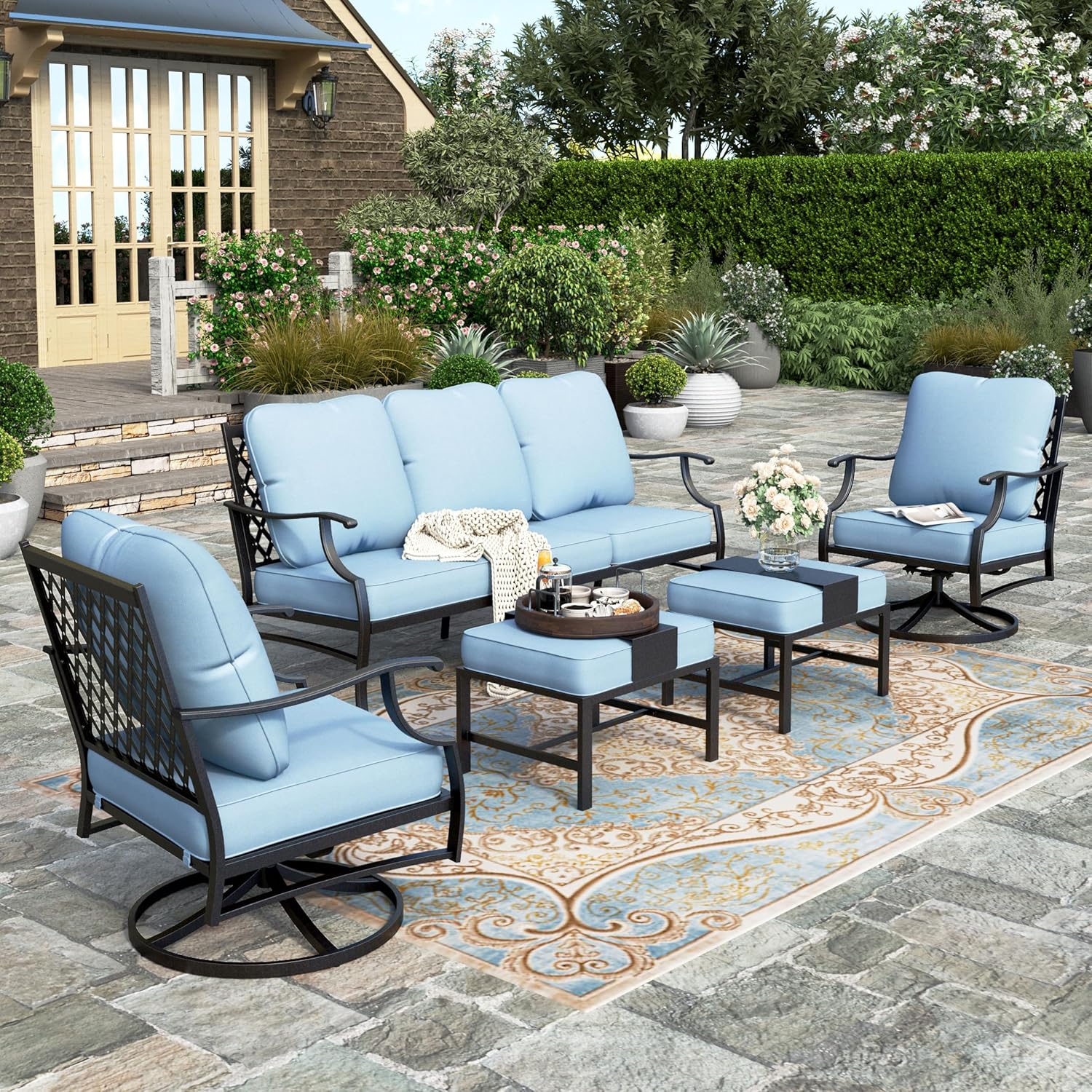 5 Piece Patio Furniture Set, 2 X Swivel Chair, 2 X Ottoman, 1 X 3-Seat Sofa, All Cushioned 7 Seats Outdoor Conversation Set for Lawn Garden Backyard