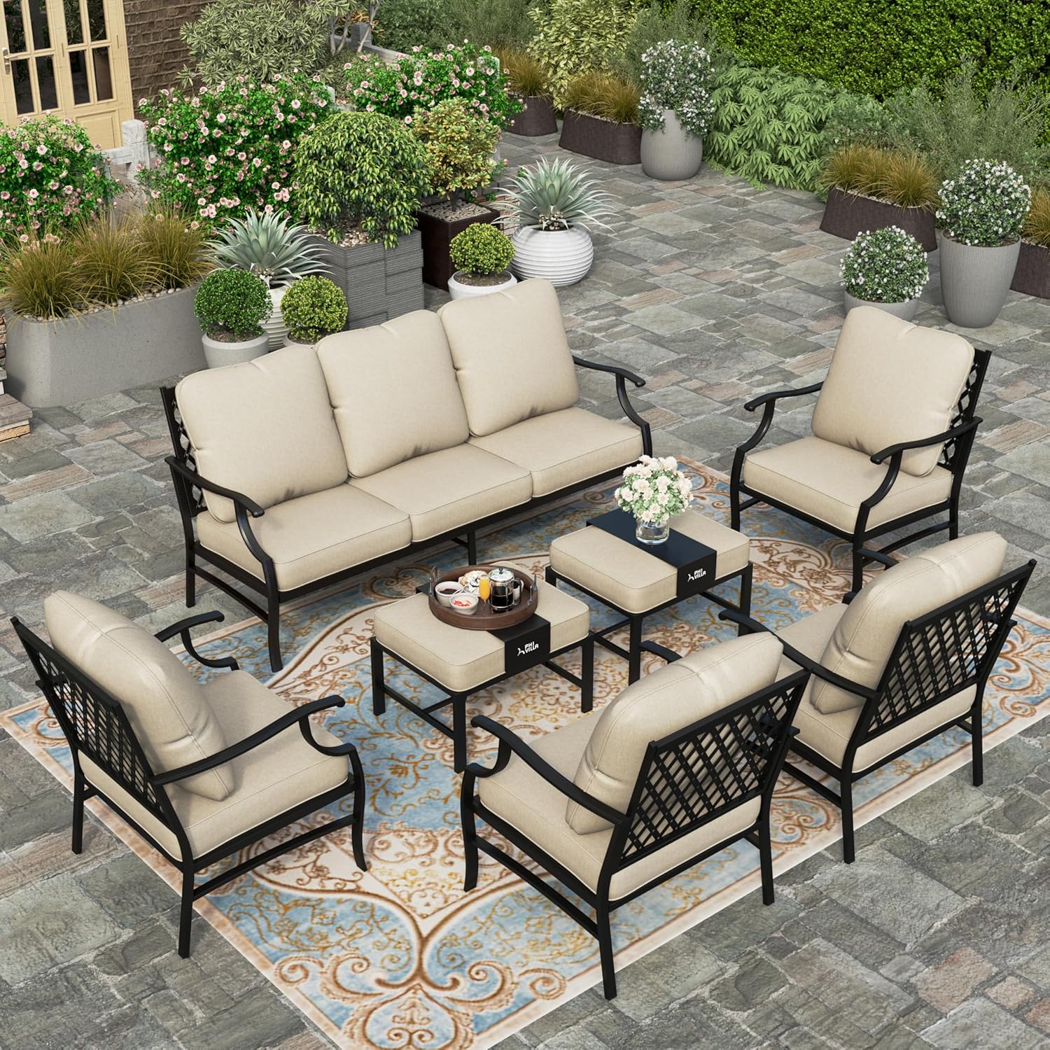 5 Piece Patio Furniture Set, 2 X Swivel Chair, 2 X Ottoman, 1 X 3-Seat Sofa, All Cushioned 7 Seats Outdoor Conversation Set for Lawn Garden Backyard