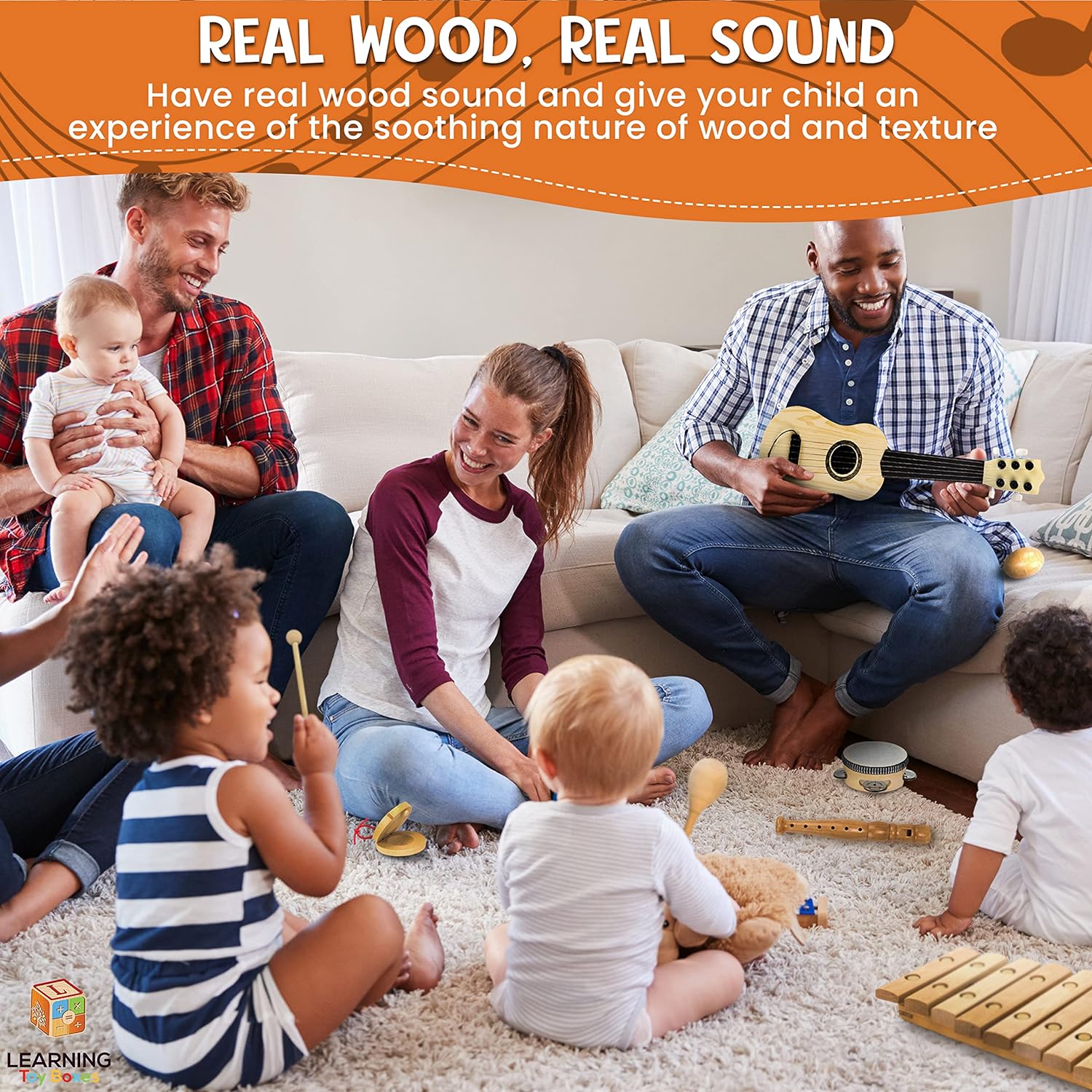 Natural Wooden Musical Instruments for Kids Band Class Preschool School Learning Kids Musical Toys for Toddlers -Toddler Music Set Maracas Guitar Xylophone Tambourine Castanet Shaker Egg Flute