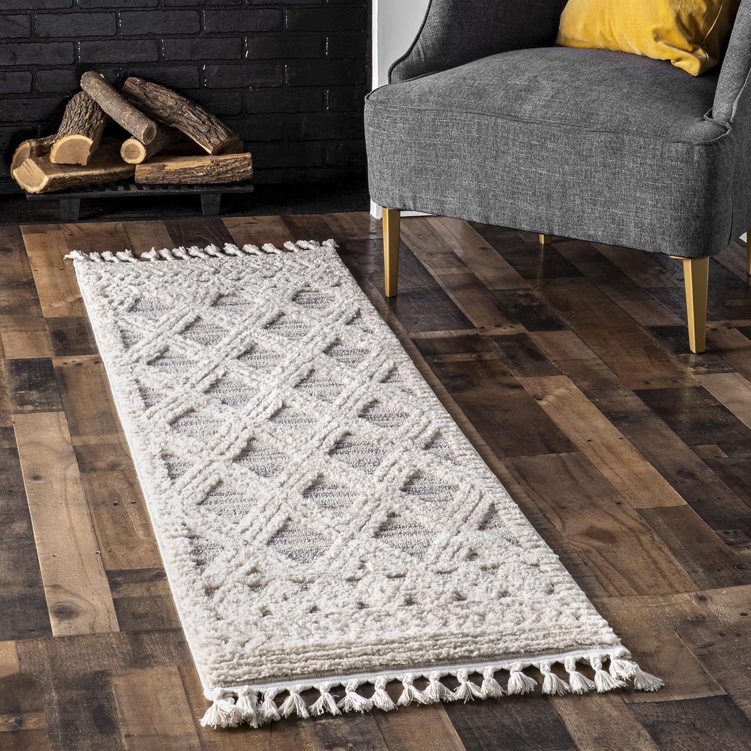 2X3 Ansley Moroccan Tassel Area Rug, Light Grey, High-Low Textured Bohemian Design, Plush High Pile, Stain Resistant, for Bedroom, Living Room, Hallway, Entryway