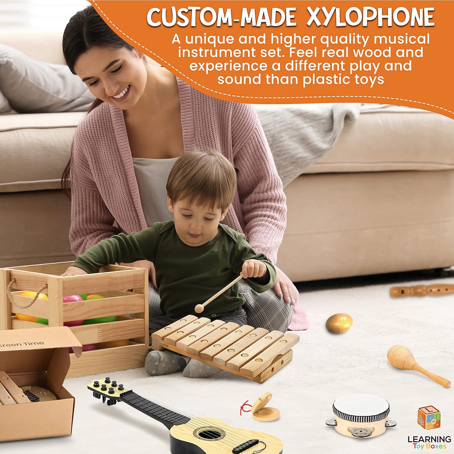 Natural Wooden Musical Instruments for Kids Band Class Preschool School Learning Kids Musical Toys for Toddlers -Toddler Music Set Maracas Guitar Xylophone Tambourine Castanet Shaker Egg Flute