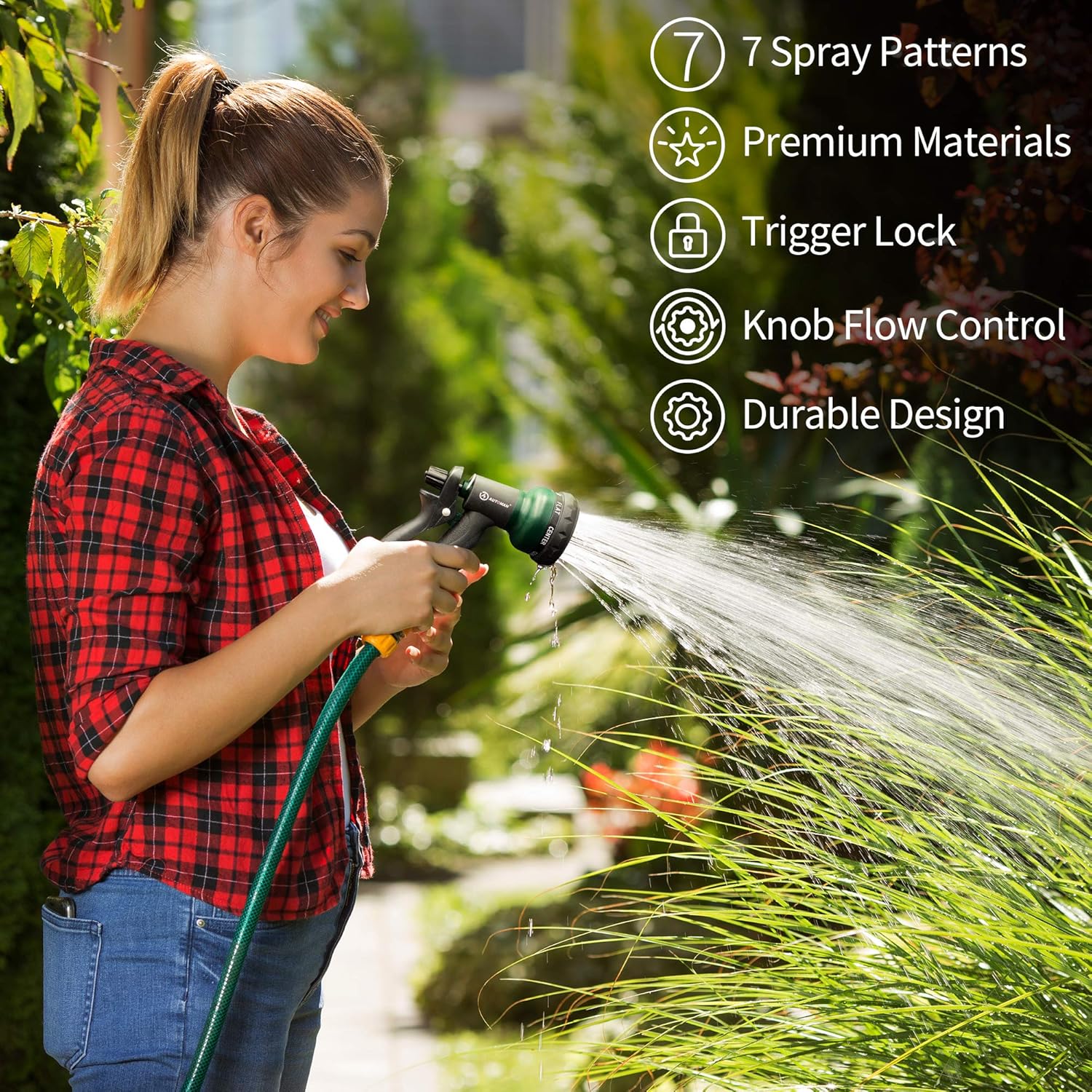 -Garden-Hose-Nozzle,Abs Water Spray Nozzle with Heavy Duty 7 Adjustable Watering Patterns,Slip Resistant for Plants,Lawn,Washing Cars,Cleaning,Showering Pets & Outdoor Fun.