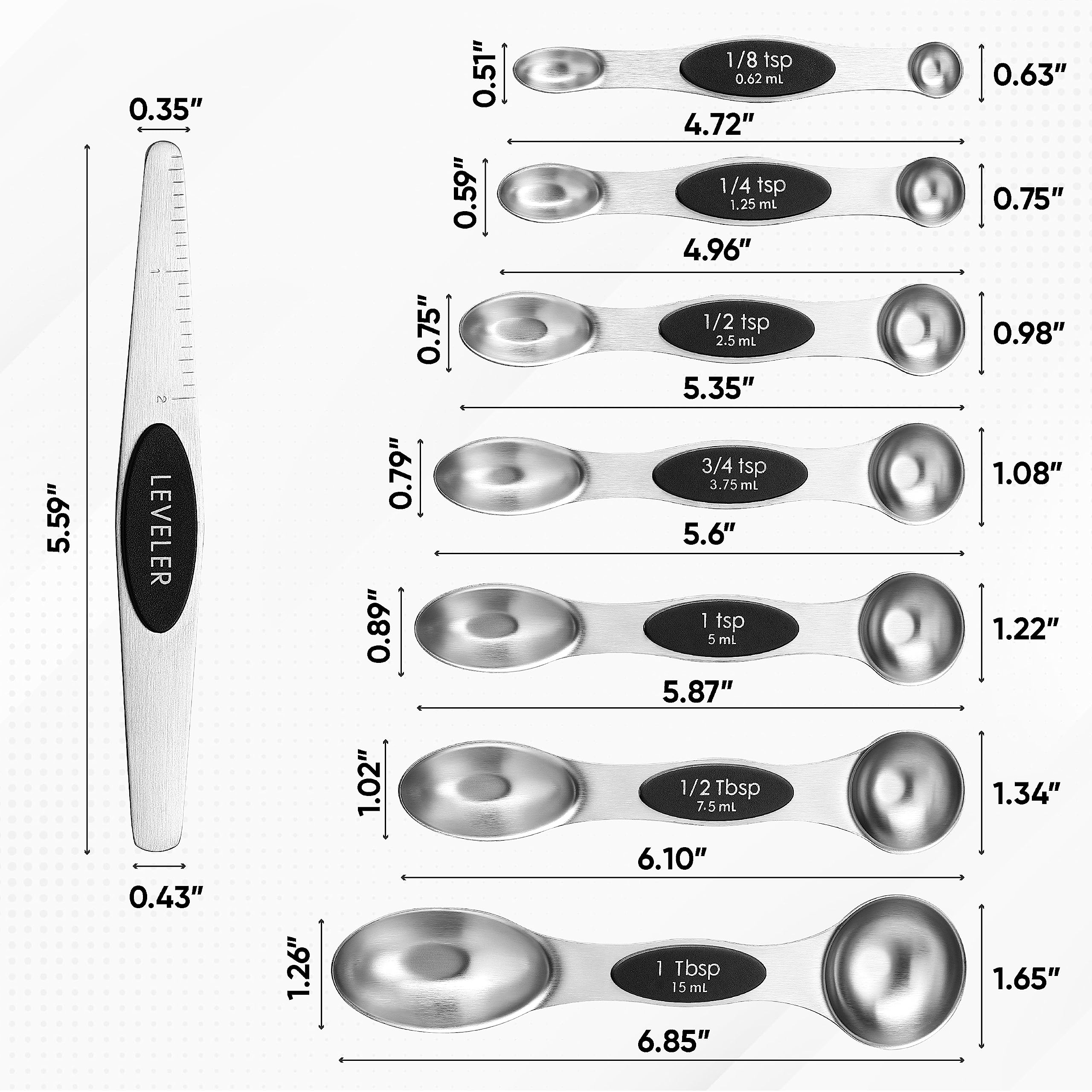 Magnetic Measuring Spoon Set, Double-Sided, Stainless Steel, Suitable for Seasoning Cans, 8-Piece Set