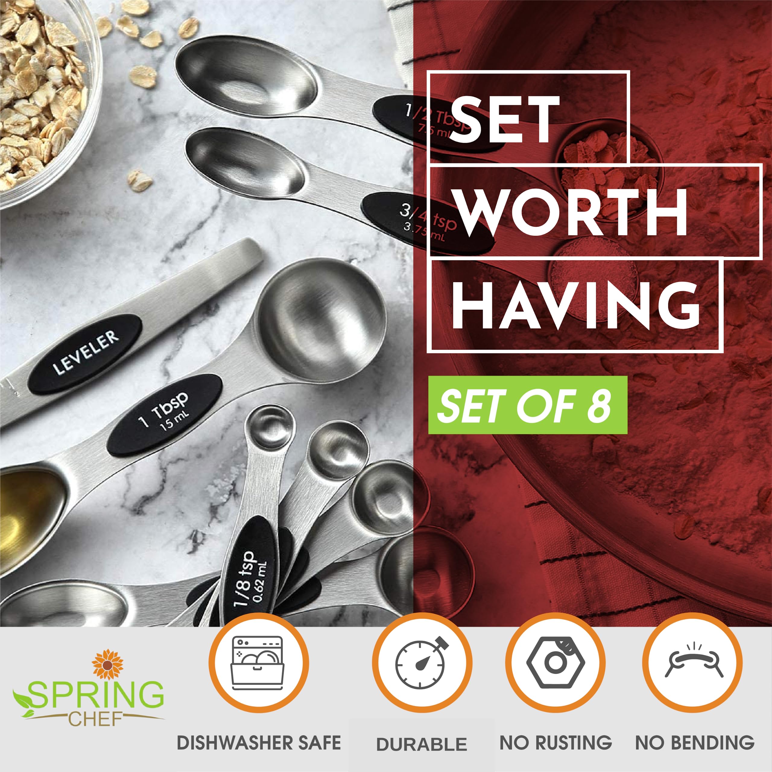 Magnetic Measuring Spoon Set, Double-Sided, Stainless Steel, Suitable for Seasoning Cans, 8-Piece Set