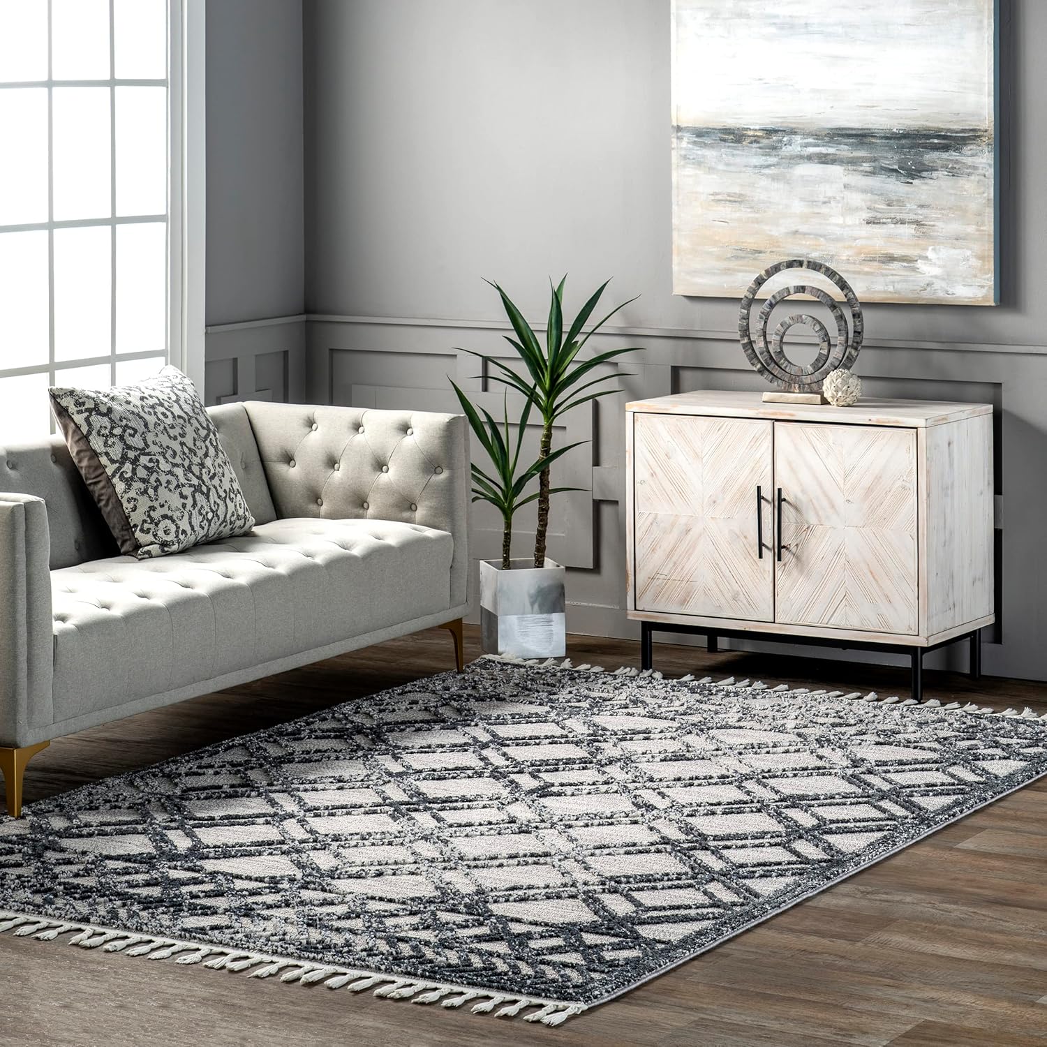 2X3 Ansley Moroccan Tassel Area Rug, Light Grey, High-Low Textured Bohemian Design, Plush High Pile, Stain Resistant, for Bedroom, Living Room, Hallway, Entryway