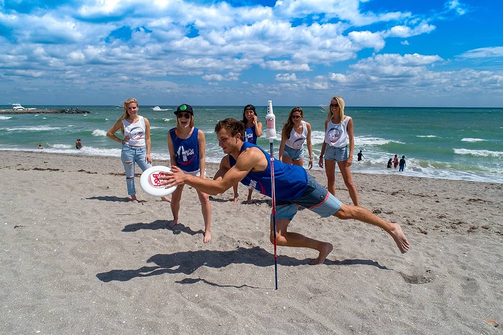 Bottle Bash USA Outdoor Flying Disc Game Set – Disc Toss Game for Family, Adult & Kids, Backyard and Beach Game - Frisbee Target Lawn Game with Poles & Bottles (Beersbee & Polish Horseshoes)