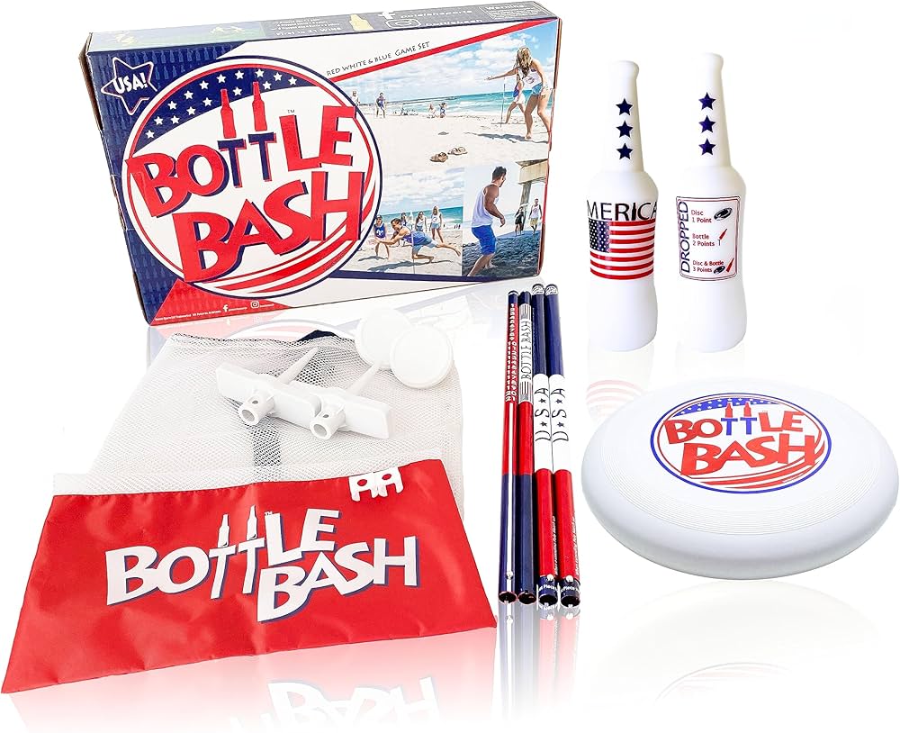 Bottle Bash USA Outdoor Flying Disc Game Set – Disc Toss Game for Family, Adult & Kids, Backyard and Beach Game - Frisbee Target Lawn Game with Poles & Bottles (Beersbee & Polish Horseshoes)