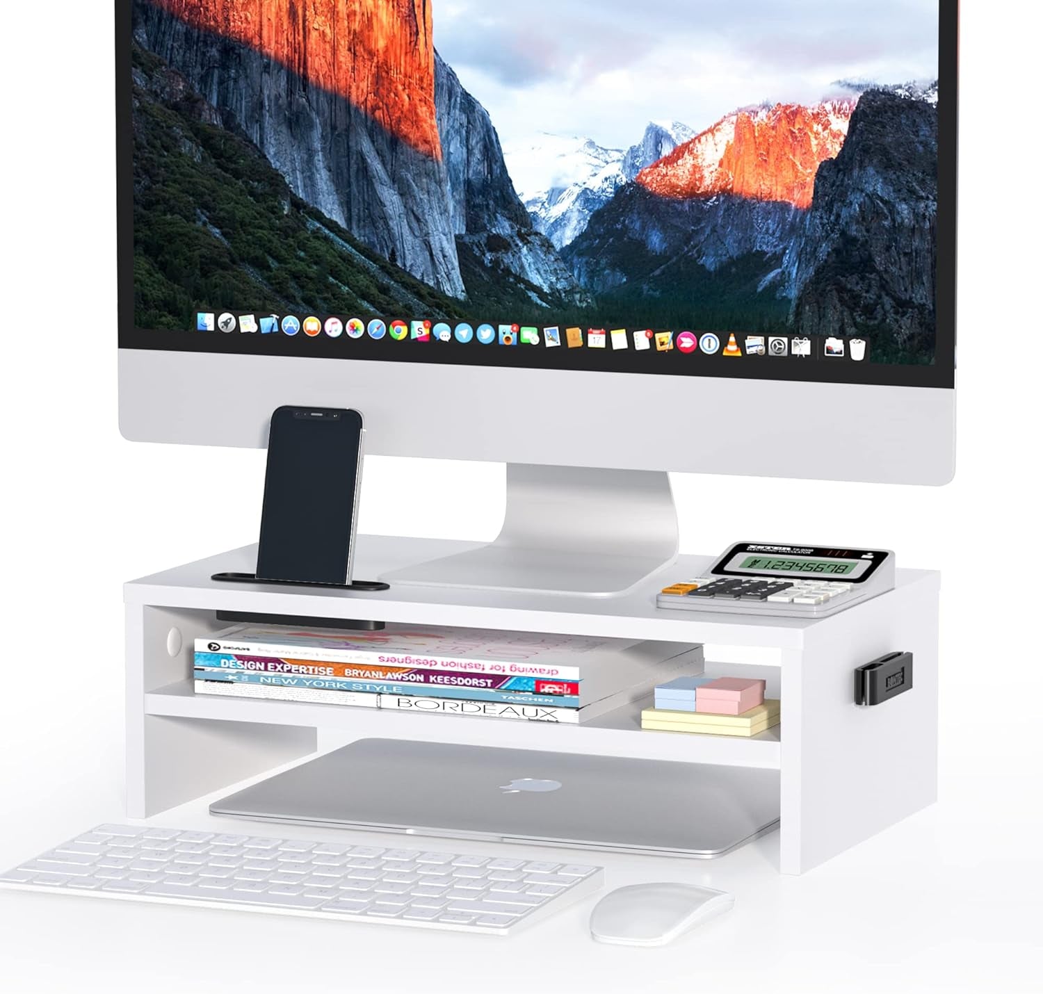 Monitor Stand Riser White, 2 Tiers Wood Monitor Riser Stand with Storage Organizer, Desktop Ergonomic Monitor Stand Riser with Cellphone Holder and Cable Management, 16.5 Inch Desk Shelf