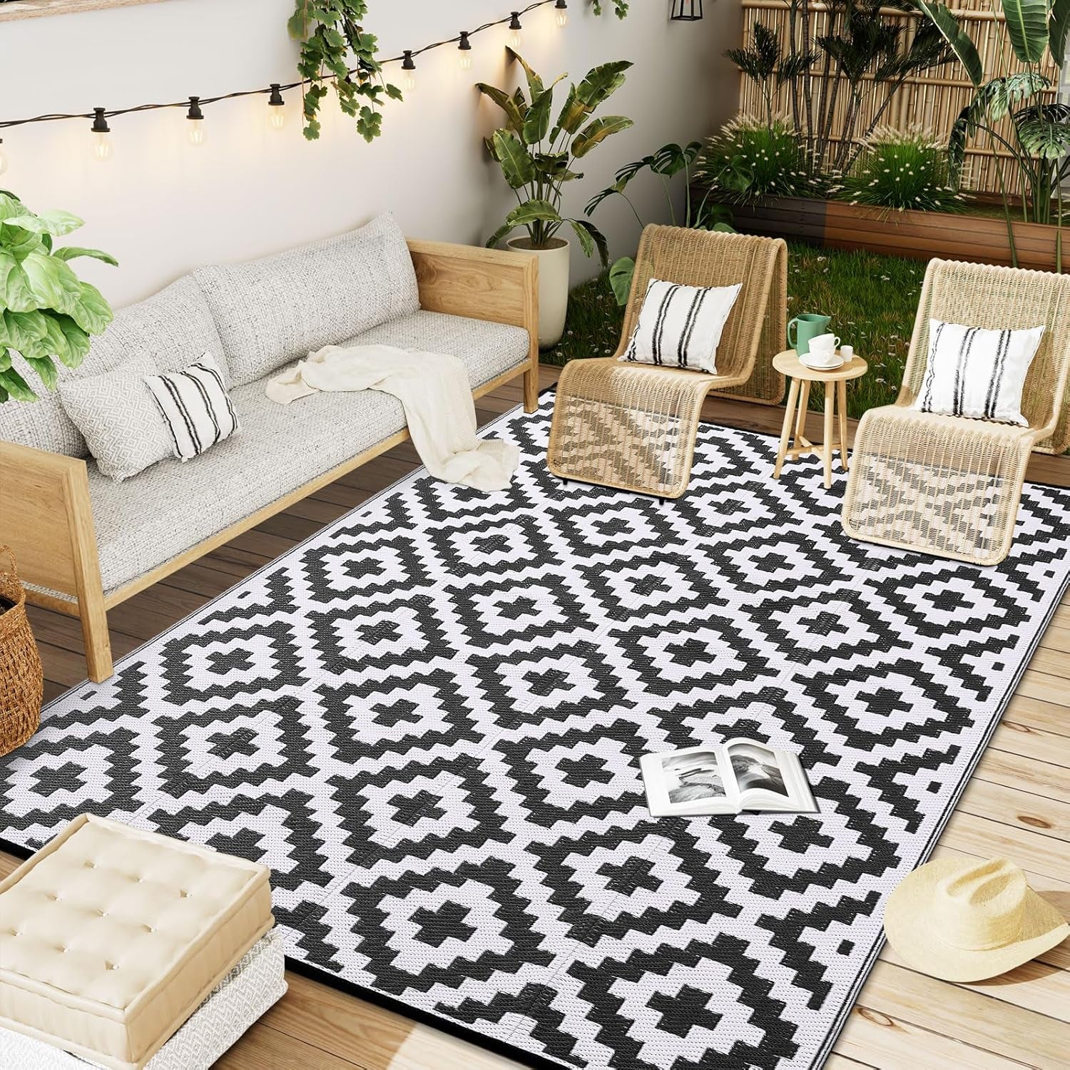 Waterproof Outdoor Rug 5X8 Ft, Reversible Plastic Straw Patio Rug for Camping, RV Mat Outside, Indoor Outdoor Carpet for Porch, Deck, Backyard, Camper, Balcony, Picnic, Black & White