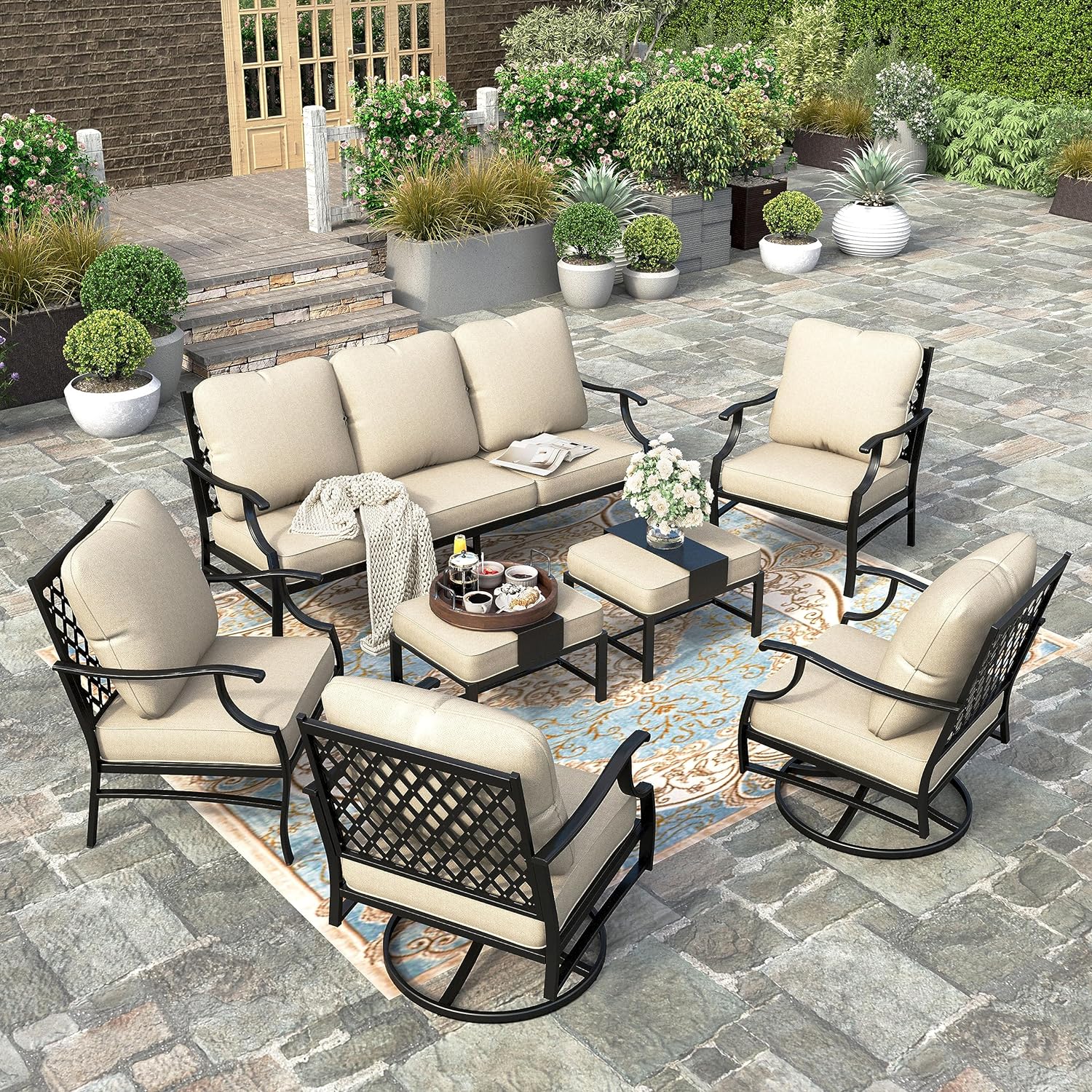 5 Piece Patio Furniture Set, 2 X Swivel Chair, 2 X Ottoman, 1 X 3-Seat Sofa, All Cushioned 7 Seats Outdoor Conversation Set for Lawn Garden Backyard