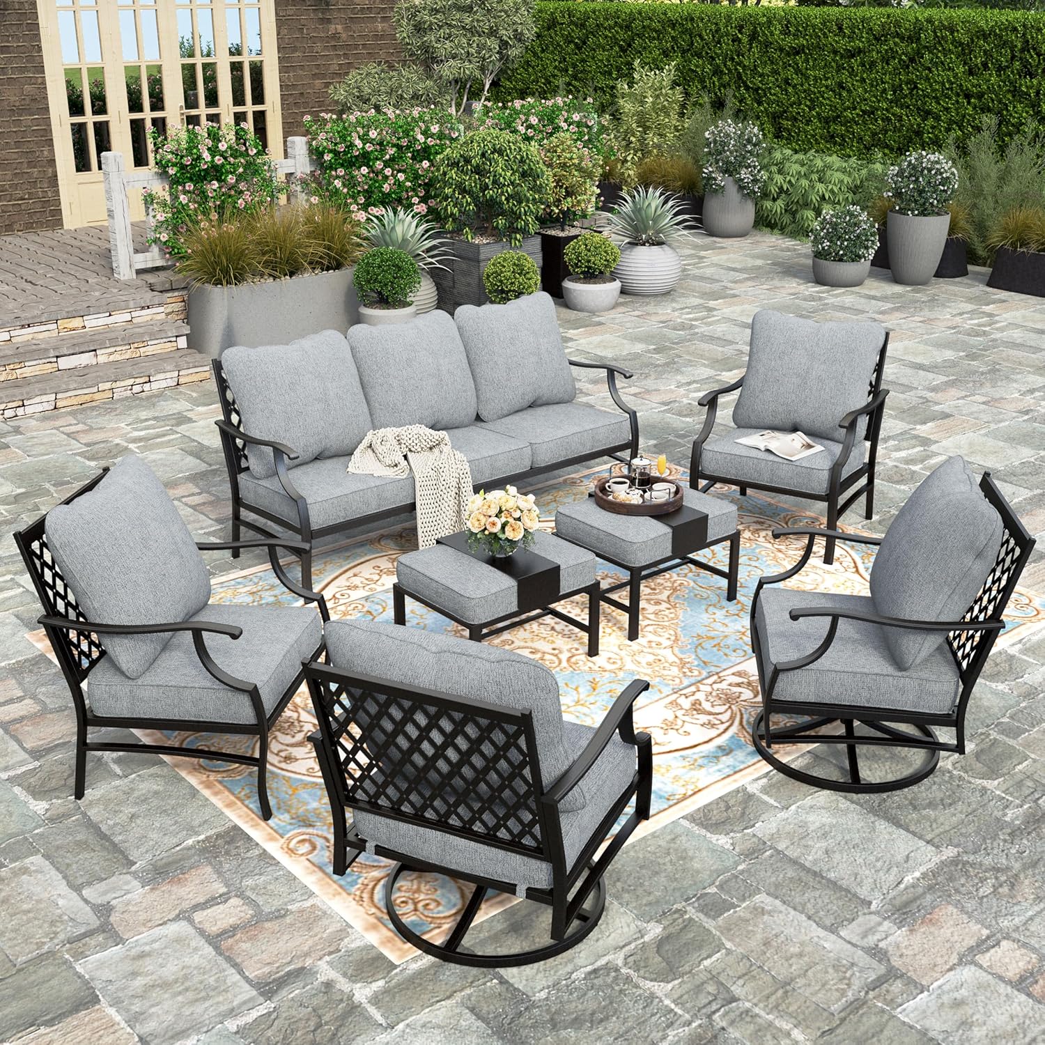 5 Piece Patio Furniture Set, 2 X Swivel Chair, 2 X Ottoman, 1 X 3-Seat Sofa, All Cushioned 7 Seats Outdoor Conversation Set for Lawn Garden Backyard