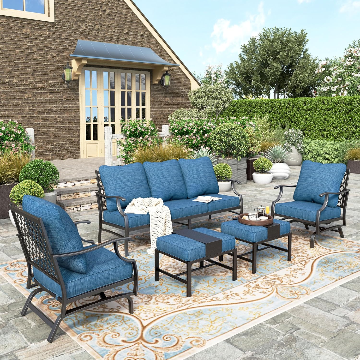 5 Piece Patio Furniture Set, 2 X Swivel Chair, 2 X Ottoman, 1 X 3-Seat Sofa, All Cushioned 7 Seats Outdoor Conversation Set for Lawn Garden Backyard