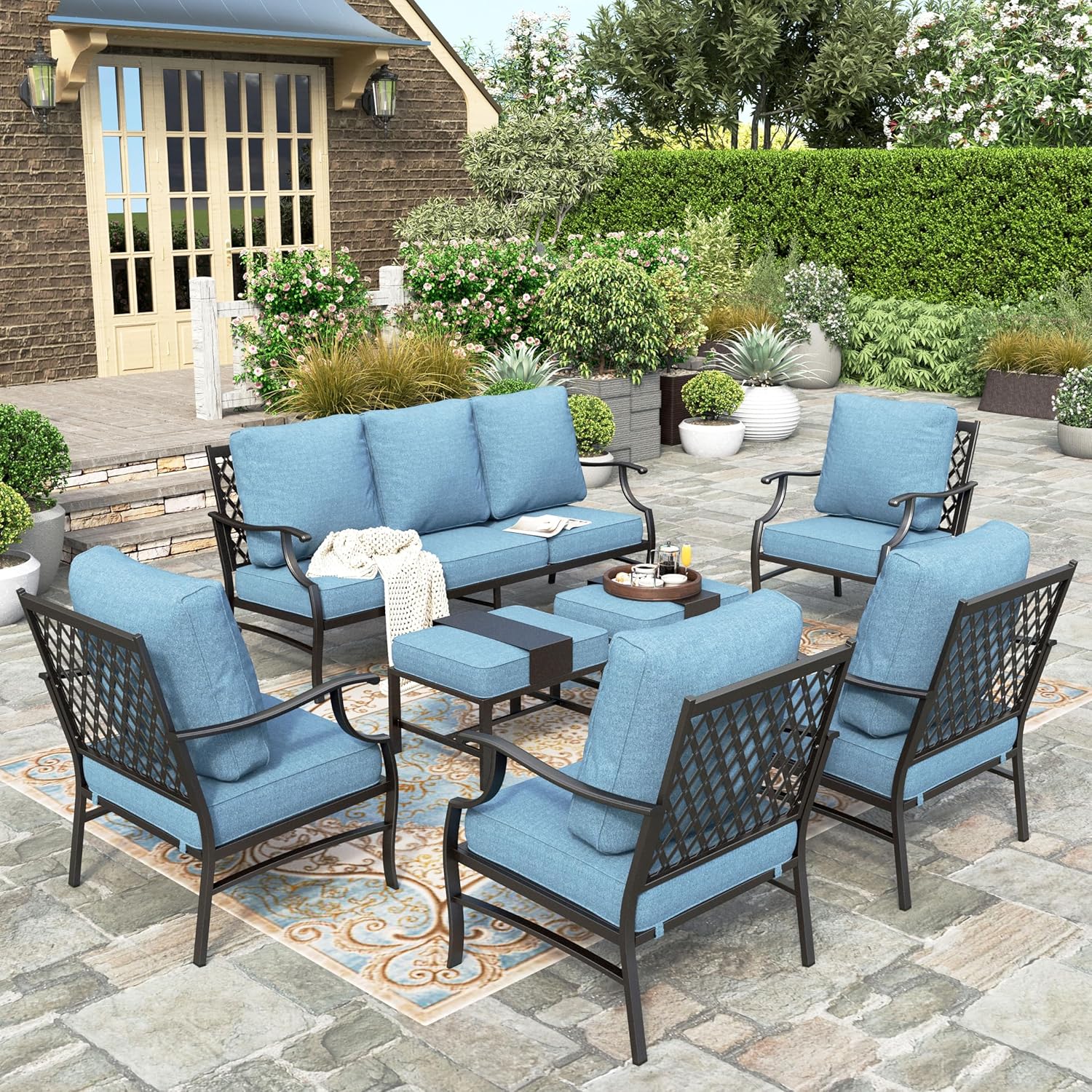 5 Piece Patio Furniture Set, 2 X Swivel Chair, 2 X Ottoman, 1 X 3-Seat Sofa, All Cushioned 7 Seats Outdoor Conversation Set for Lawn Garden Backyard