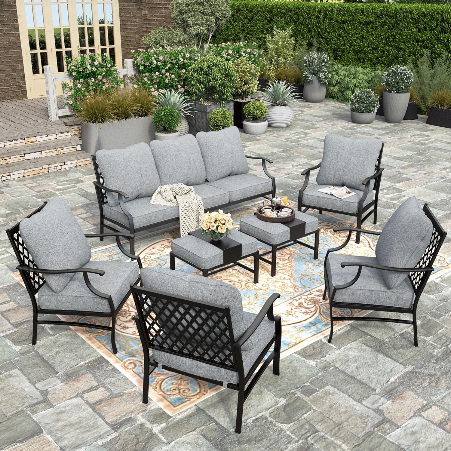 5 Piece Patio Furniture Set, 2 X Swivel Chair, 2 X Ottoman, 1 X 3-Seat Sofa, All Cushioned 7 Seats Outdoor Conversation Set for Lawn Garden Backyard