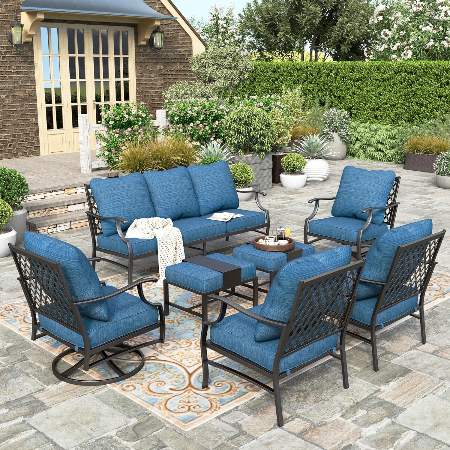 5 Piece Patio Furniture Set, 2 X Swivel Chair, 2 X Ottoman, 1 X 3-Seat Sofa, All Cushioned 7 Seats Outdoor Conversation Set for Lawn Garden Backyard