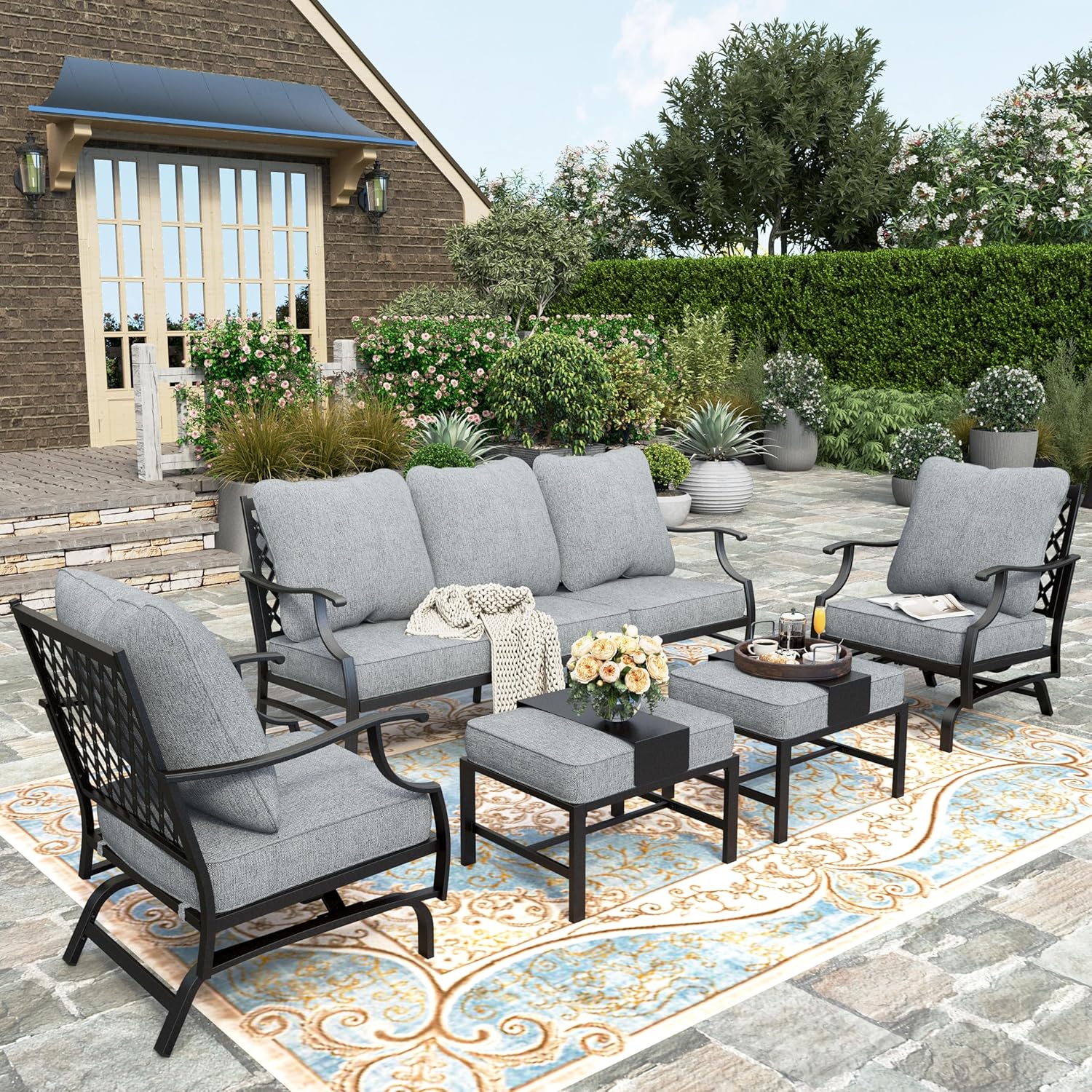 5 Piece Patio Furniture Set, 2 X Swivel Chair, 2 X Ottoman, 1 X 3-Seat Sofa, All Cushioned 7 Seats Outdoor Conversation Set for Lawn Garden Backyard