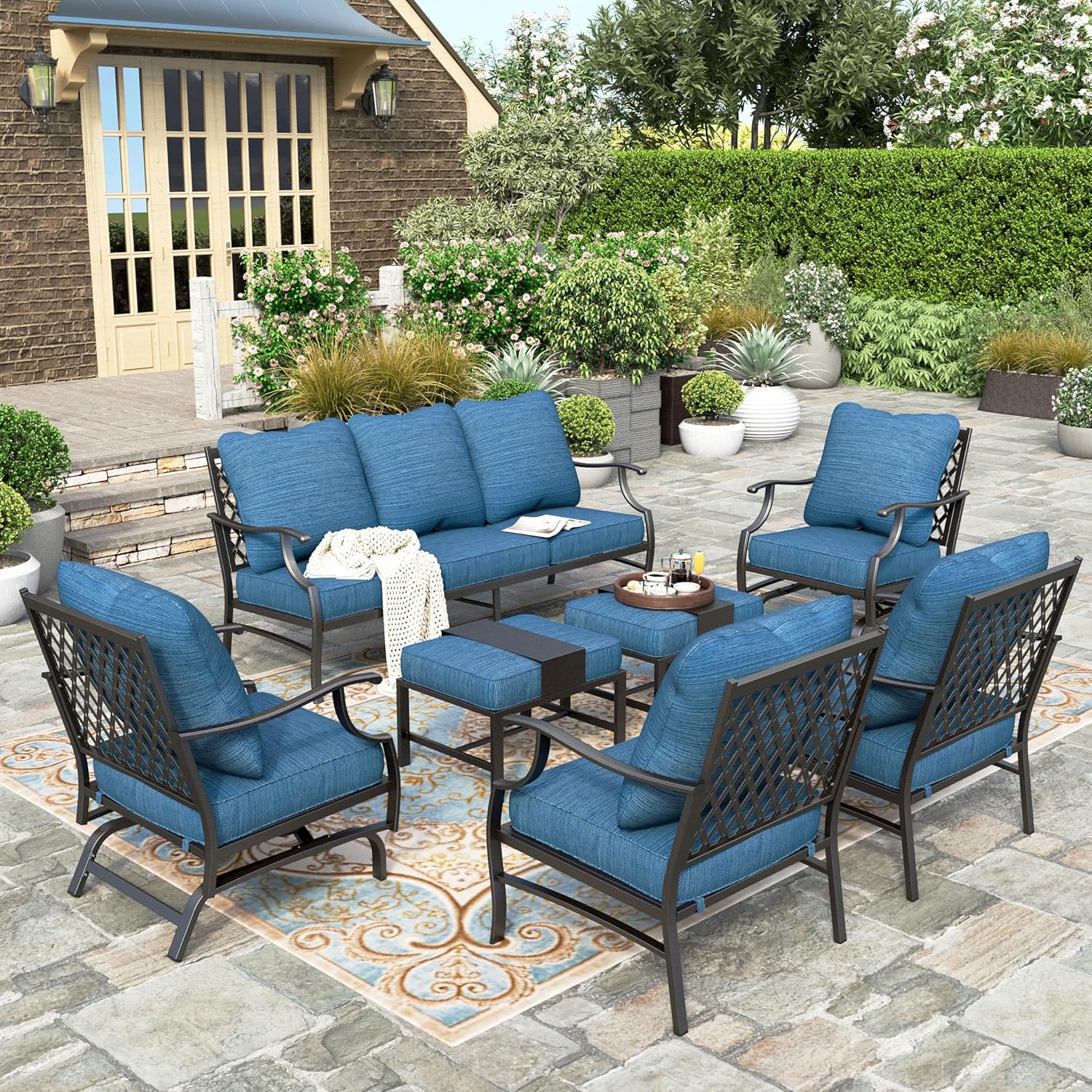 5 Piece Patio Furniture Set, 2 X Swivel Chair, 2 X Ottoman, 1 X 3-Seat Sofa, All Cushioned 7 Seats Outdoor Conversation Set for Lawn Garden Backyard