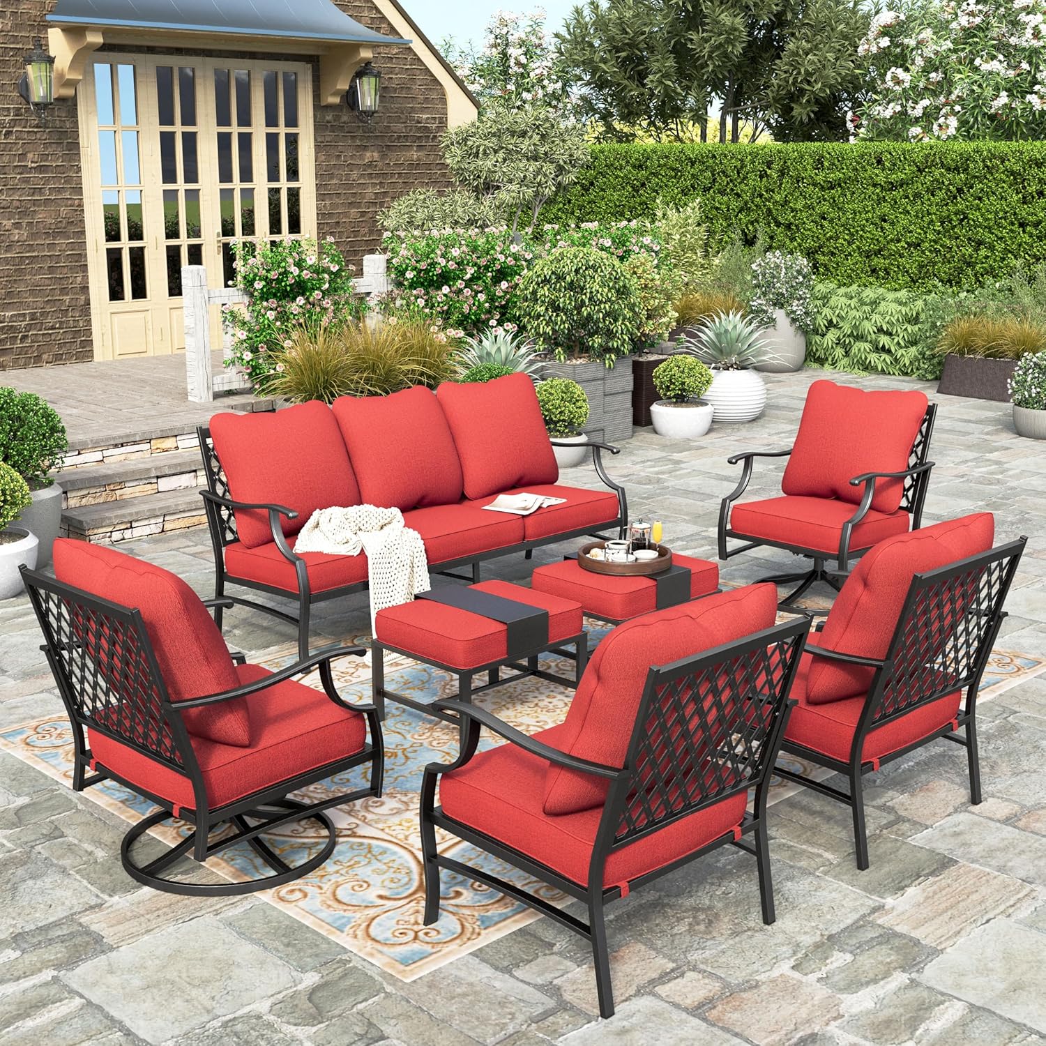 5 Piece Patio Furniture Set, 2 X Swivel Chair, 2 X Ottoman, 1 X 3-Seat Sofa, All Cushioned 7 Seats Outdoor Conversation Set for Lawn Garden Backyard