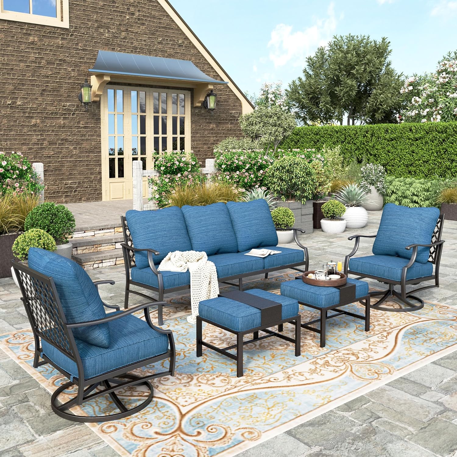 5 Piece Patio Furniture Set, 2 X Swivel Chair, 2 X Ottoman, 1 X 3-Seat Sofa, All Cushioned 7 Seats Outdoor Conversation Set for Lawn Garden Backyard