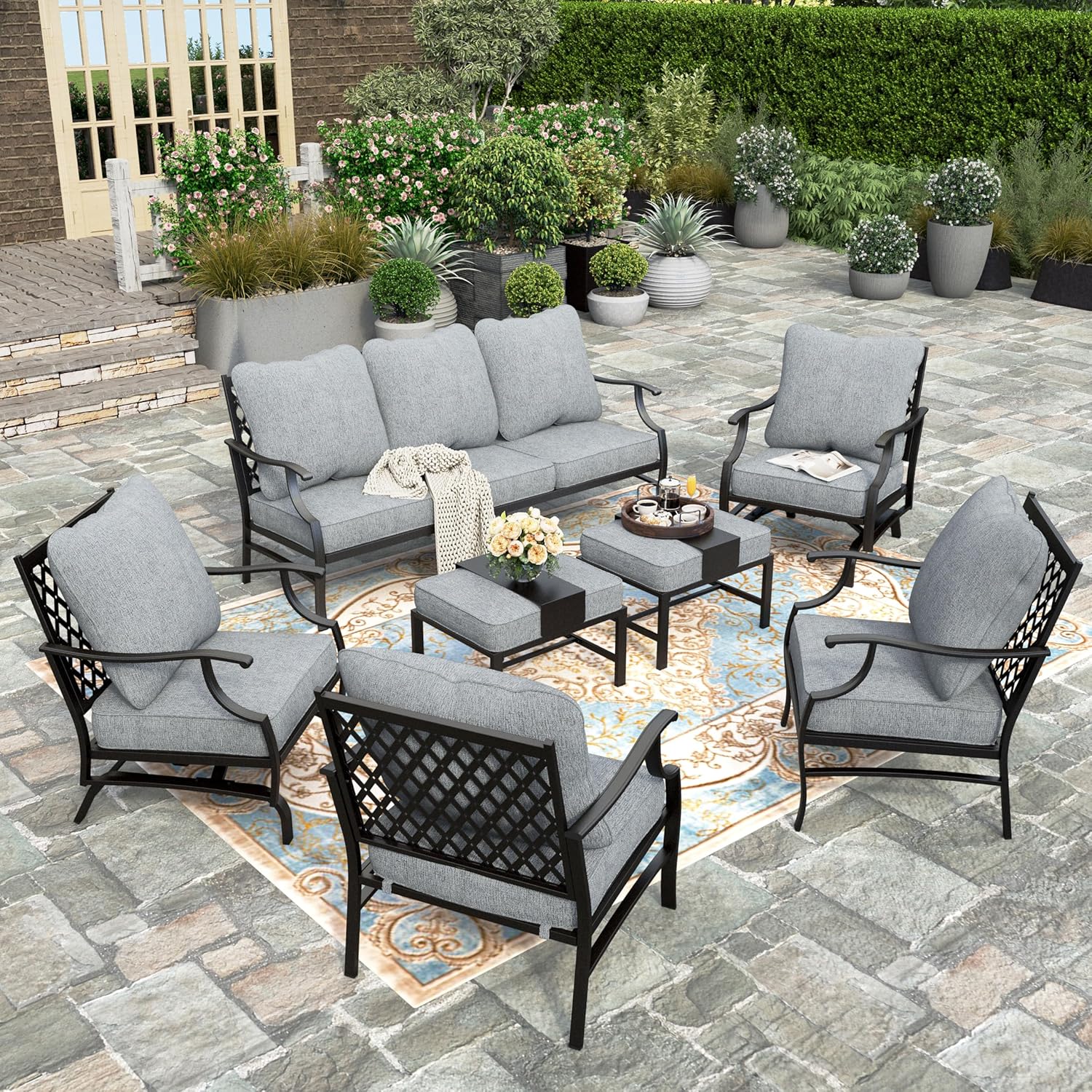 5 Piece Patio Furniture Set, 2 X Swivel Chair, 2 X Ottoman, 1 X 3-Seat Sofa, All Cushioned 7 Seats Outdoor Conversation Set for Lawn Garden Backyard