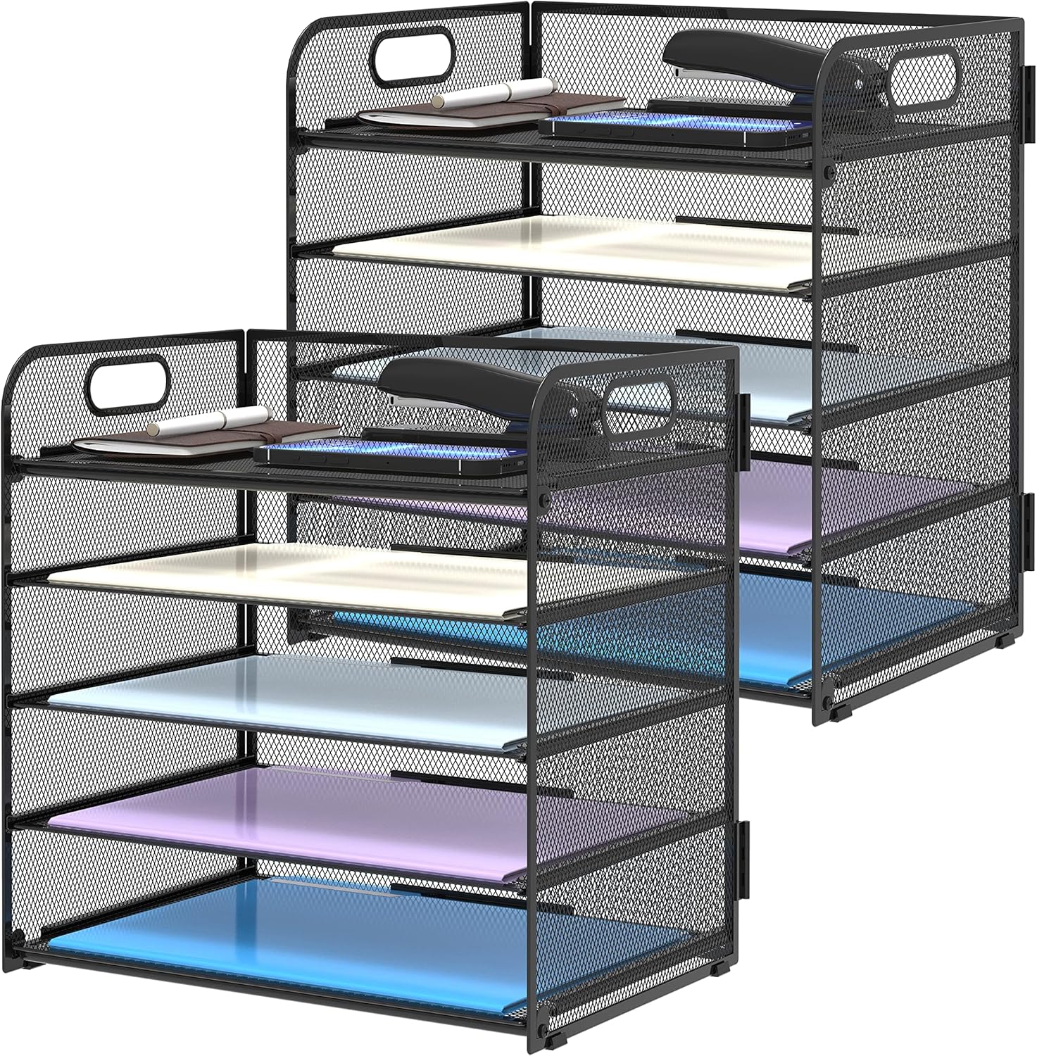 5 Trays Paper Organizer with Handle - Mesh Desk File/Letter Organizer,Black Paper Sorter for Office, Home or School