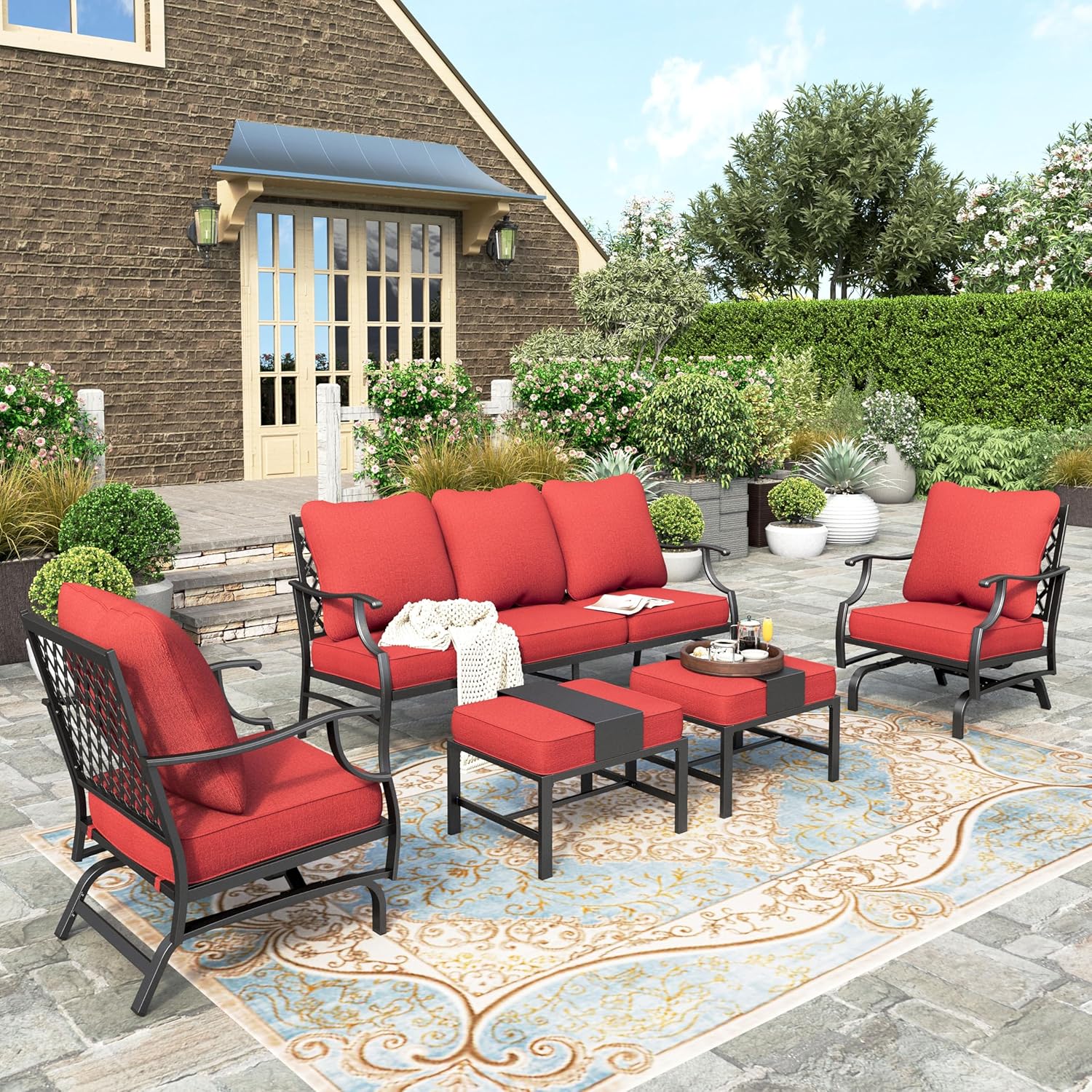 5 Piece Patio Furniture Set, 2 X Swivel Chair, 2 X Ottoman, 1 X 3-Seat Sofa, All Cushioned 7 Seats Outdoor Conversation Set for Lawn Garden Backyard