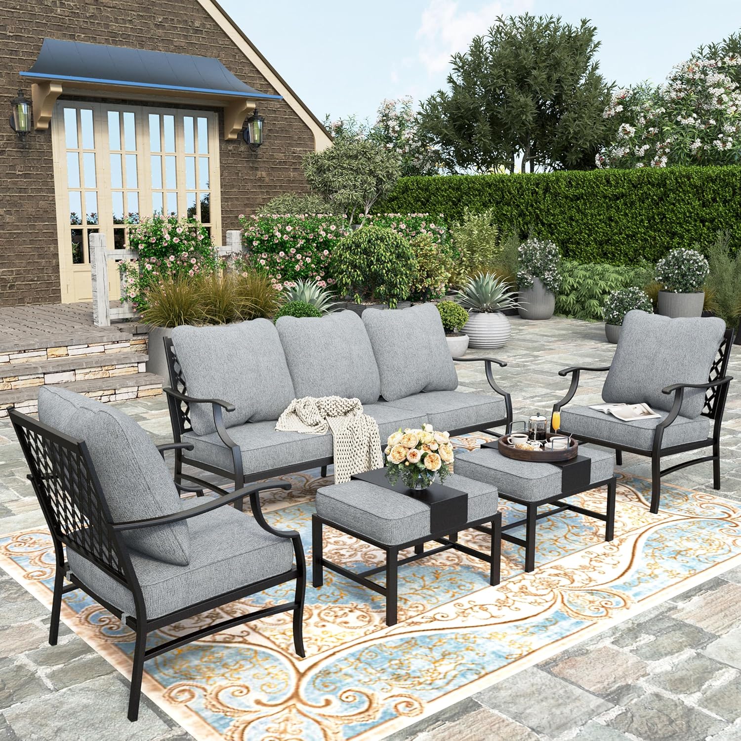 5 Piece Patio Furniture Set, 2 X Swivel Chair, 2 X Ottoman, 1 X 3-Seat Sofa, All Cushioned 7 Seats Outdoor Conversation Set for Lawn Garden Backyard