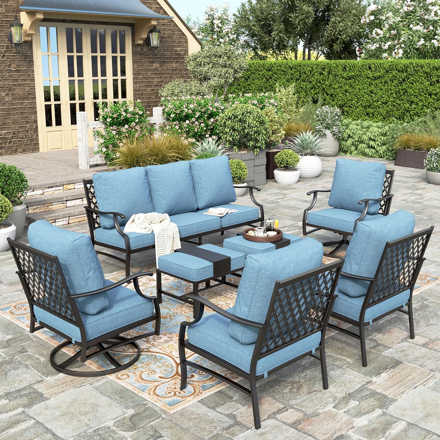 5 Piece Patio Furniture Set, 2 X Swivel Chair, 2 X Ottoman, 1 X 3-Seat Sofa, All Cushioned 7 Seats Outdoor Conversation Set for Lawn Garden Backyard