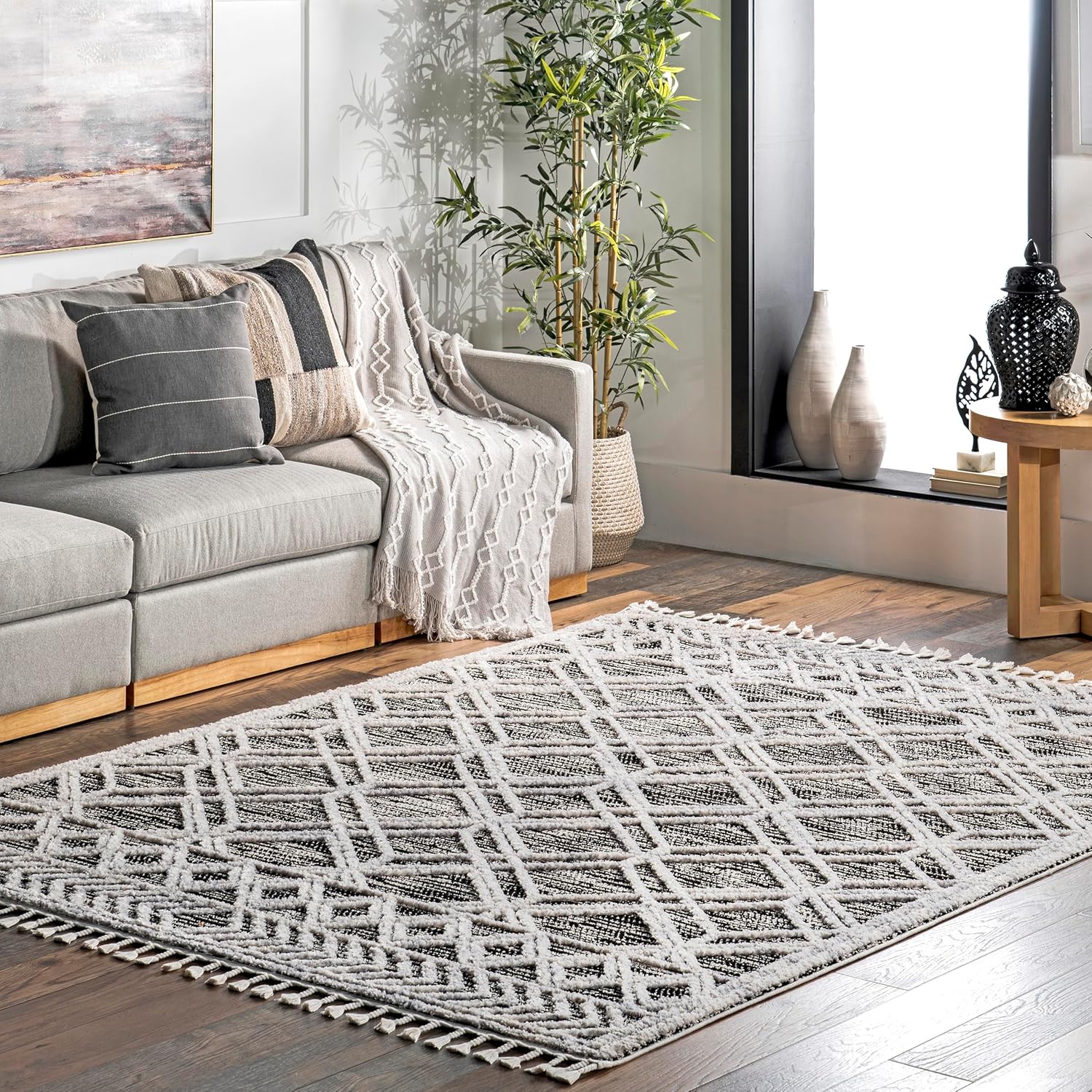 2X3 Ansley Moroccan Tassel Area Rug, Light Grey, High-Low Textured Bohemian Design, Plush High Pile, Stain Resistant, for Bedroom, Living Room, Hallway, Entryway