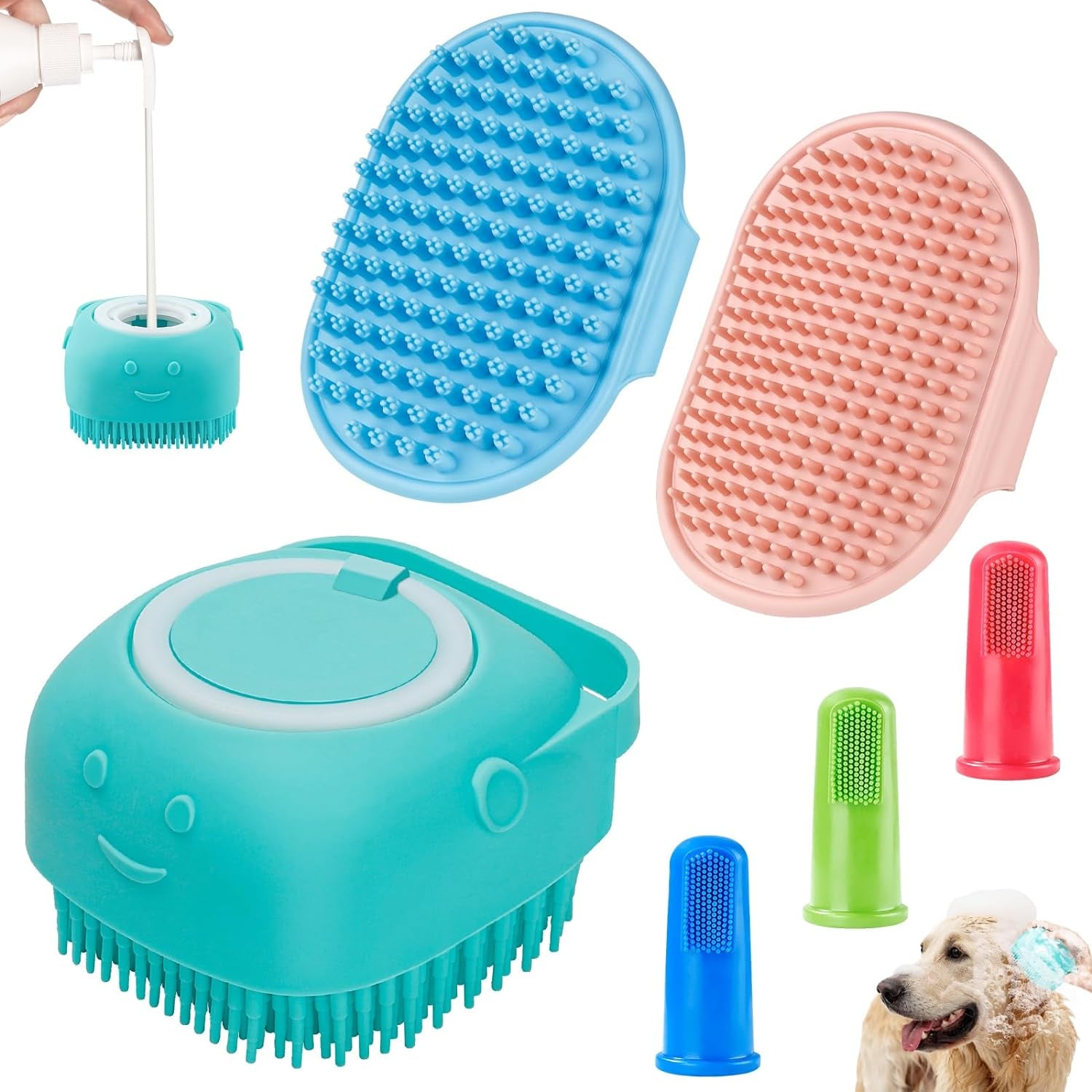 3PCS Dog Bath Brush | Dog Shampoo Brush | Dog Scrubber for Bath | Dog Bath Brush Scrubber | Dog Shower/Washing Brush with Adjustable Ring Handle for Short & Long Hair (Blue Blue Blue)