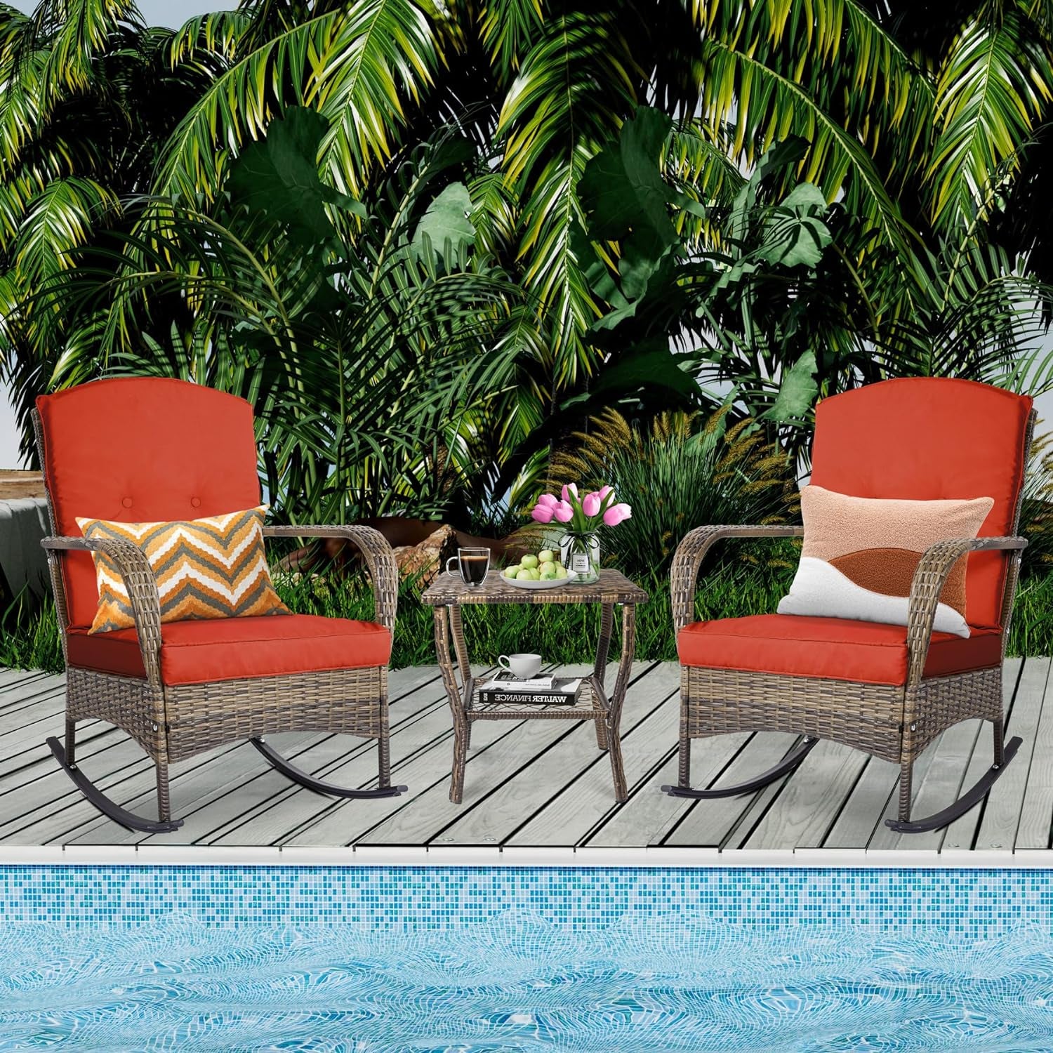 3-Piece Patio Furniture Set,Outdoor Rocking Chairs Set of 2, Patio Conversation Set with 2 Wicker Chairs with Coffee Table and Cushions for Garden,Porch,Backyard, Bistro