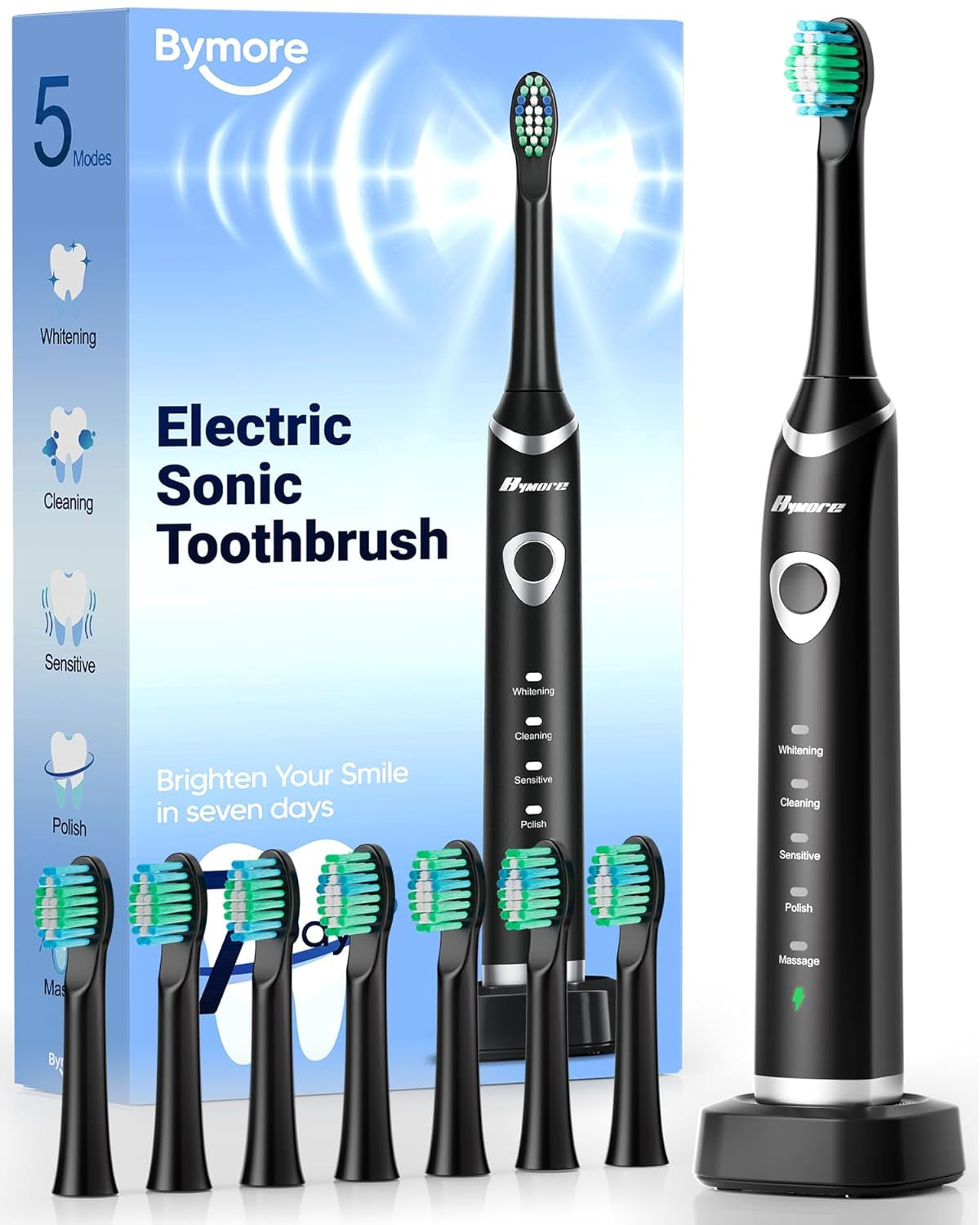 Electric Toothbrush for Adults,Travel Sonic Toothbrush with 8 Replacement Heads, Ultra Clean Rechargeable Toothbrush Portable One Charge for 330Days 5 Modes 2Mins Timer-Black