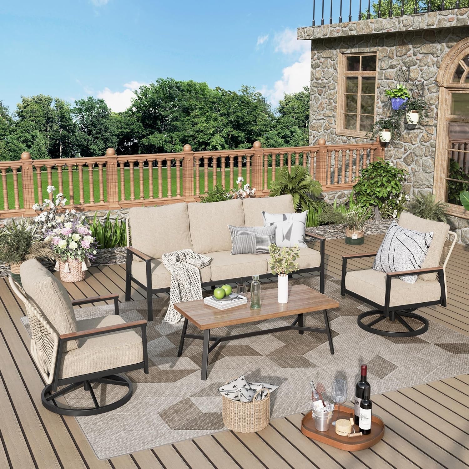 4 Piece Patio Furniture Set, All Weather Wicker Outdoor Sofa with 5.5" Cushions, 2 Fixed Chairs, 3-Seat Sofa with Wood Grain Coffee Table, Patio Conversation Set for Porch, Backyard, Beige