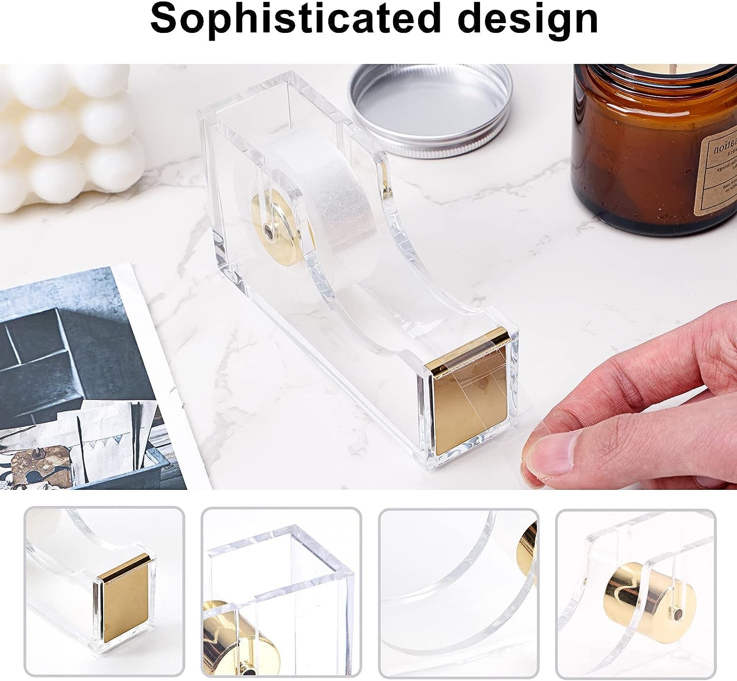 Gold Office Supplies Set Desk Accessories, Acrylic Stapler Set Staple Remover, Phone Holder, Tape Holder, Pen Holder, 2 Ballpoint Pen, Scissor, Binder Clips, Ruler, Transparent Glue and Staples.