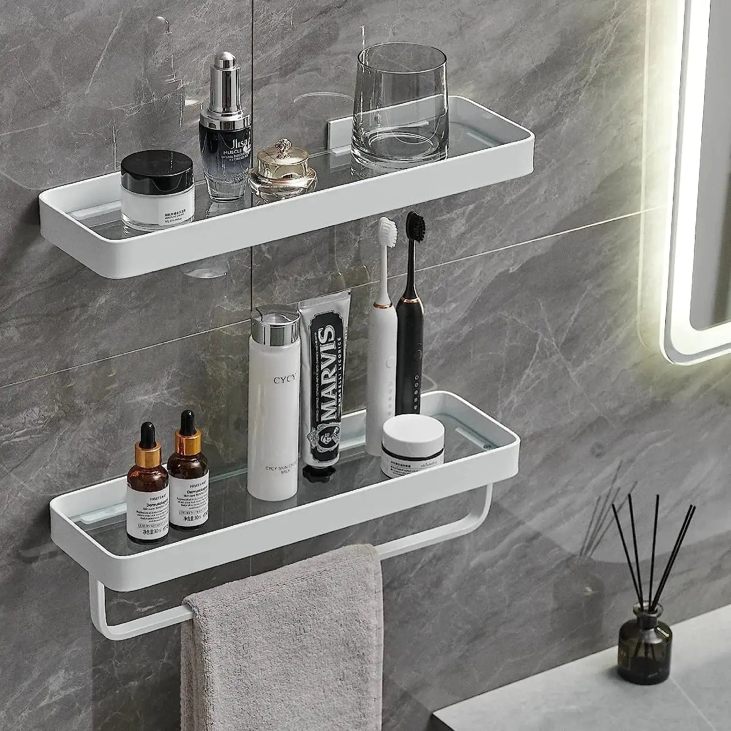 Bathroom Shelves Wall Mounted Glass Corner for Bathroom Floating Shelf Tempered Glass Bathroom Wall Organizer 2-Tier（White）