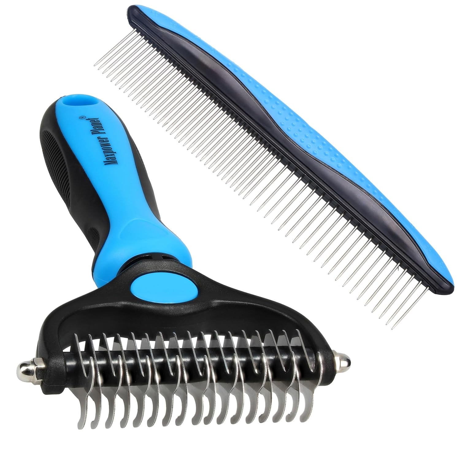 Pet Grooming Rake - Double-Sided Dematting Undercoat Brush for Dogs and Cats, Extra Wide, Reduces Shedding by 95%, Blue