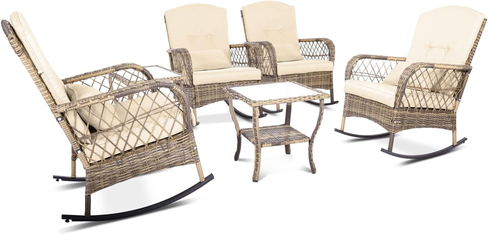 3-Piece Patio Furniture Set,Outdoor Rocking Chairs Set of 2, Patio Conversation Set with 2 Wicker Chairs with Coffee Table and Cushions for Garden,Porch,Backyard, Bistro