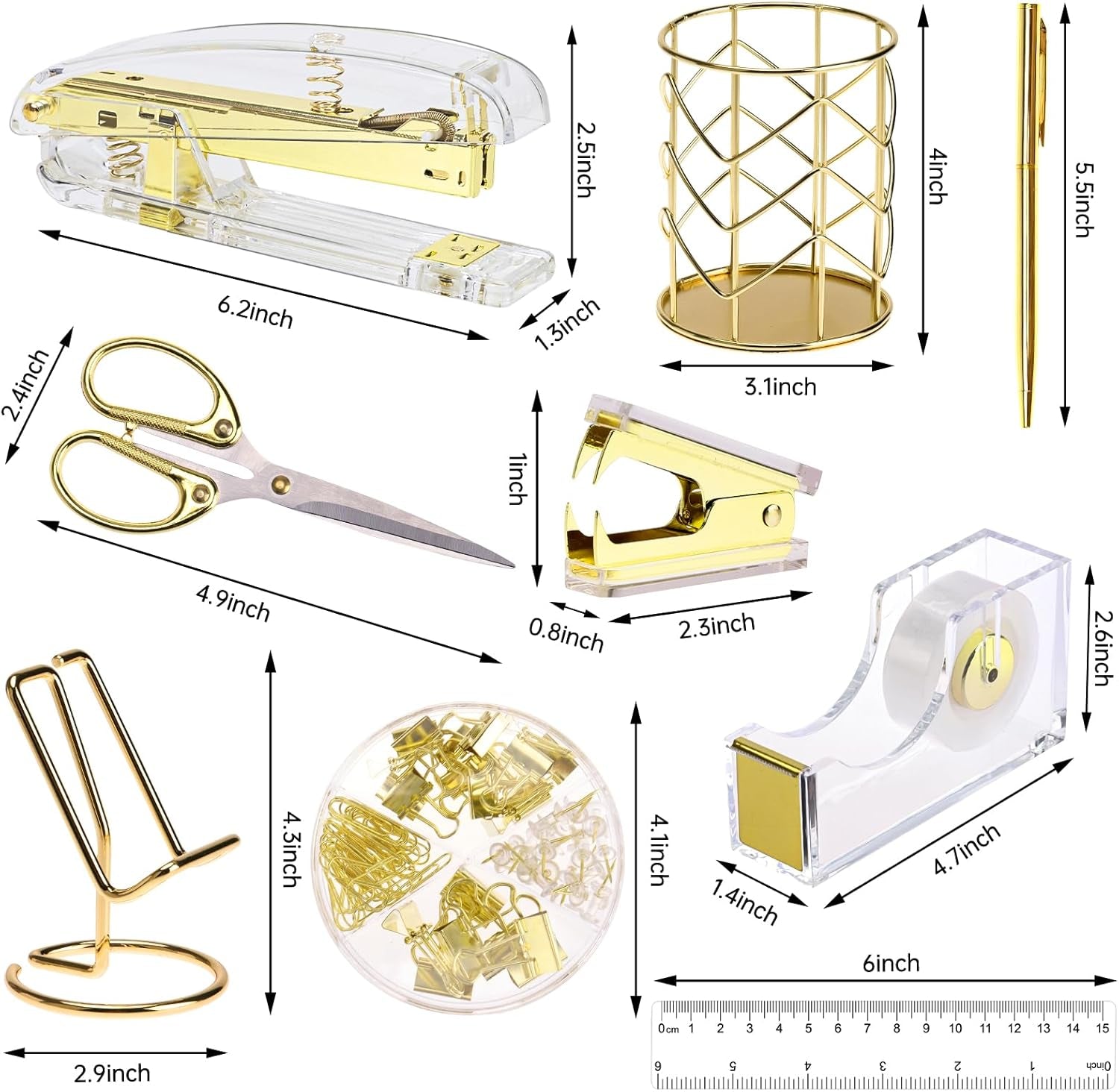 Gold Office Supplies Set Desk Accessories, Acrylic Stapler Set Staple Remover, Phone Holder, Tape Holder, Pen Holder, 2 Ballpoint Pen, Scissor, Binder Clips, Ruler, Transparent Glue and Staples.