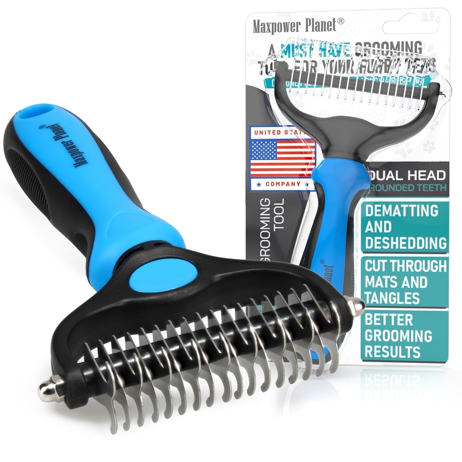 Pet Grooming Rake - Double-Sided Dematting Undercoat Brush for Dogs and Cats, Extra Wide, Reduces Shedding by 95%, Blue