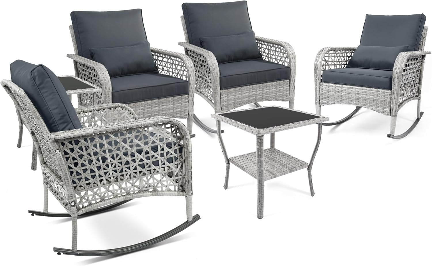 3-Piece Patio Furniture Set,Outdoor Rocking Chairs Set of 2, Patio Conversation Set with 2 Wicker Chairs with Coffee Table and Cushions for Garden,Porch,Backyard, Bistro